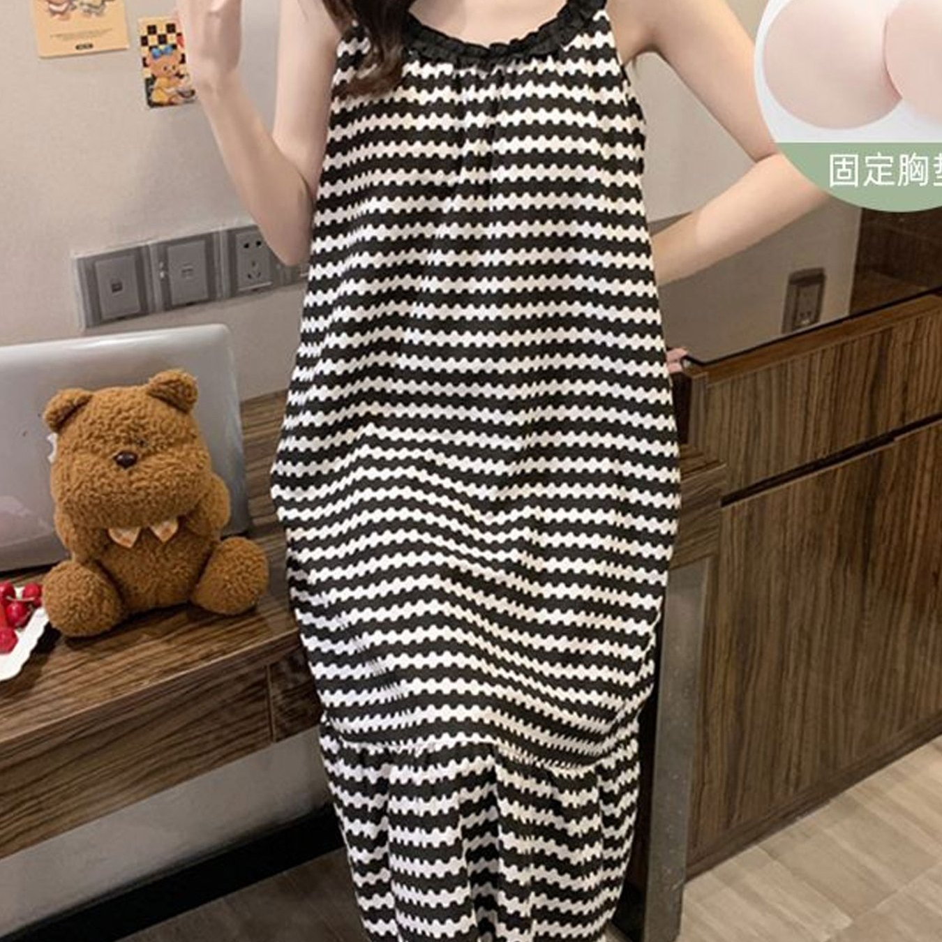TEMU 여성용 봄, 여름, 가을 신상 잠옷, 달콤하고 귀여운 멜빵, 탈부착 가능한 가슴 패드, 홈 스커트, 야외복으로도 입기 좋음