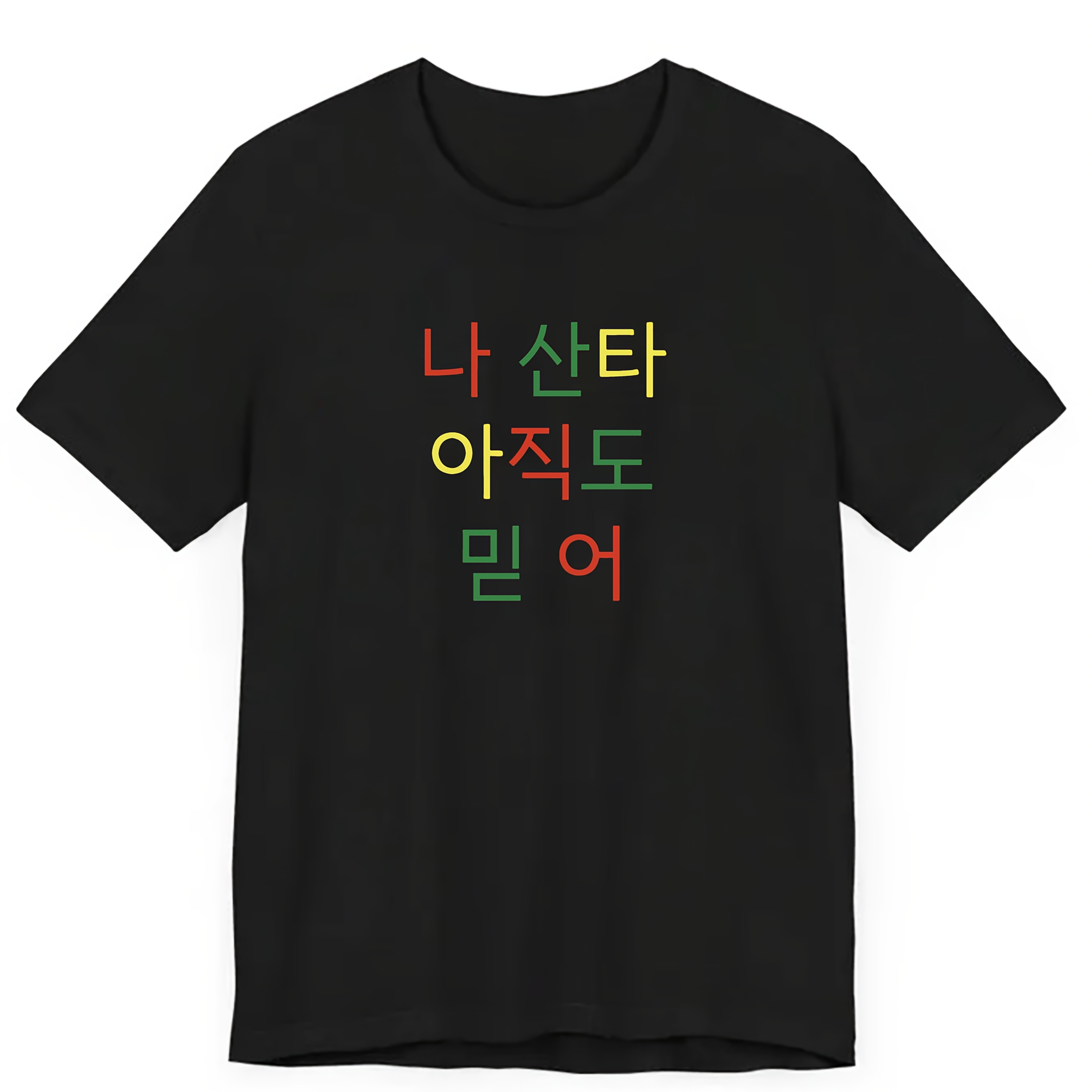 나는 산타를 믿는다" y2k 한국 문자 프린트 티셔츠, 여성용 검정색 반팔 티, 축제 디자인 캐주얼 여름 상의, 크리스마스 셔츠 유니섹스, 커플 스타일: retailer-supplied image