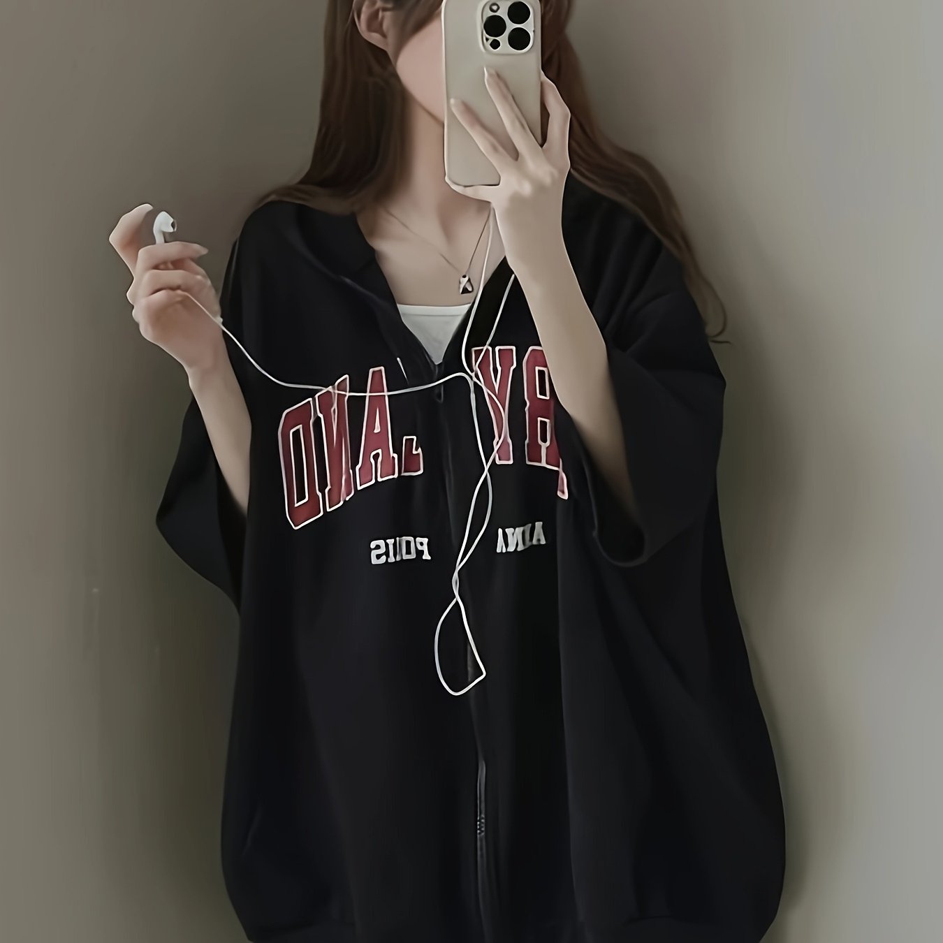 TEMU 여성 반팔 후드 집업 레터링 루즈핏 오버핏 얇은 여름 후드티 체형커버 팔뚝커버 스트릿 꾸안꾸 캠퍼스룩 집업자켓