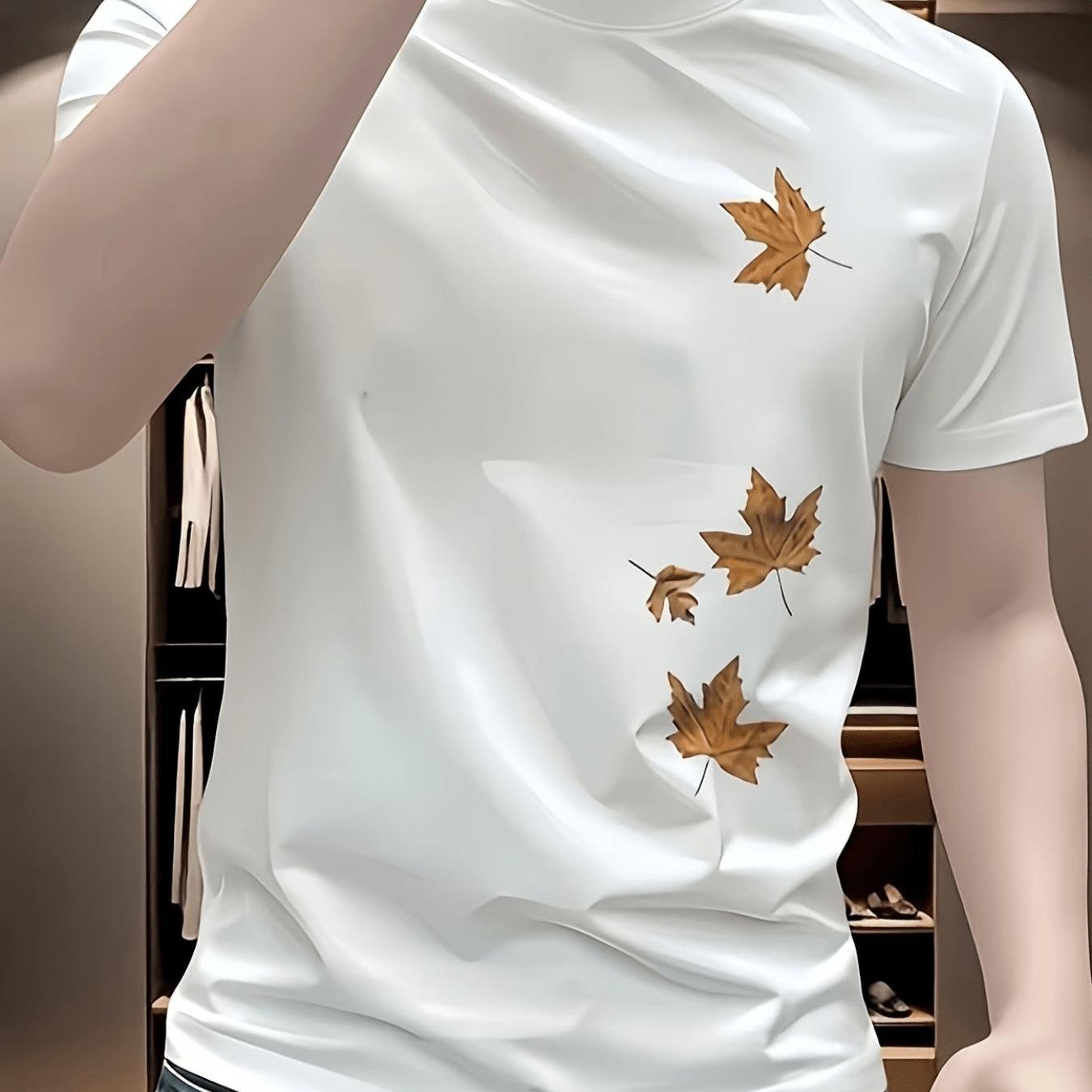 TEMU 남녀공용 남성용 잎사귀 프린트 티셔츠 - 캐주얼 스타일, 부드럽고 통기성 좋음, 생생한 디자인, 크루넥, 반팔 여름 셔츠, 스트리트웨어 티