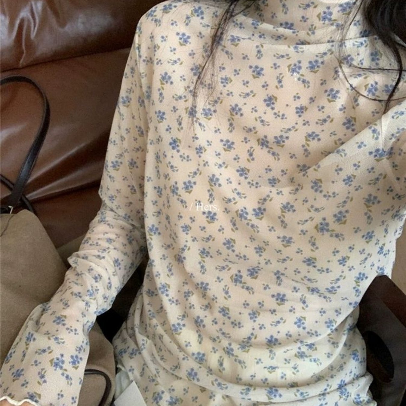 TEMU 여성 시스루 망사 레이스 티셔츠 잔꽃무늬 슬림핏 반폴라 물결넥 긴팔티 레이어드 이너웨어 페미닌 빈티지 데이트룩 하객룩