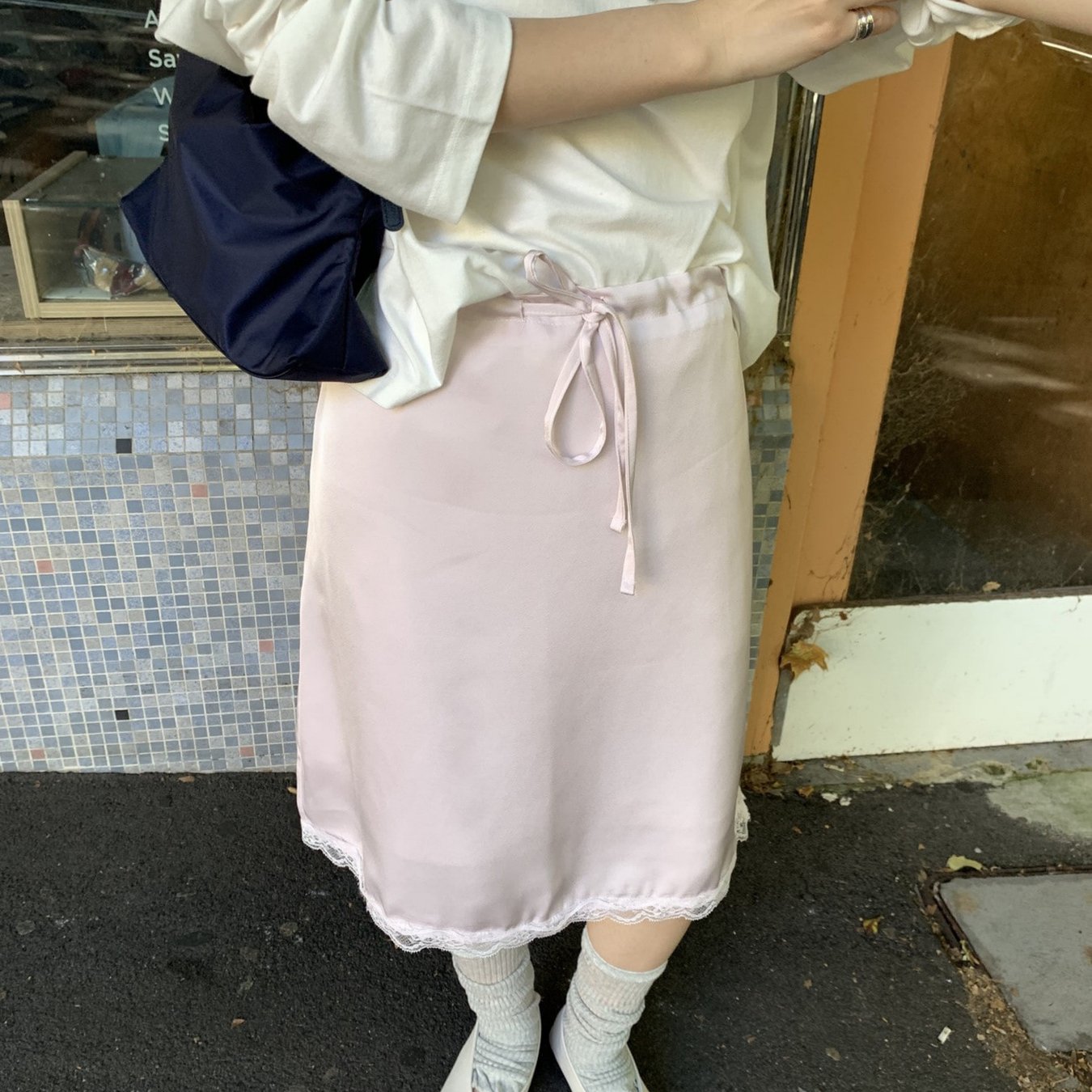 TEMU 한국식 핑크 새틴 드로스트링 레이스업 드레이프드 슬림핏 미디 스커트