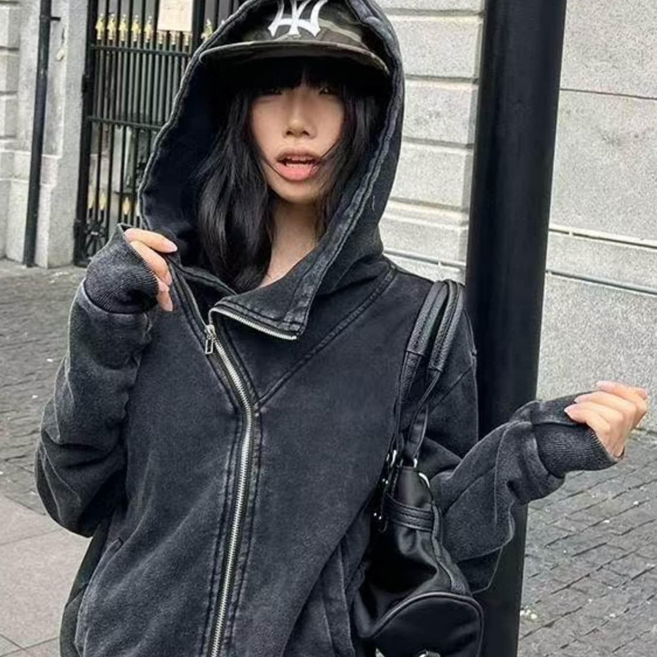 TEMU 레트로 남녀공용 루즈 캐주얼 스트리트 멀티핏 인스 자켓 워싱 디스트레스드 후드 카디건 스웨터