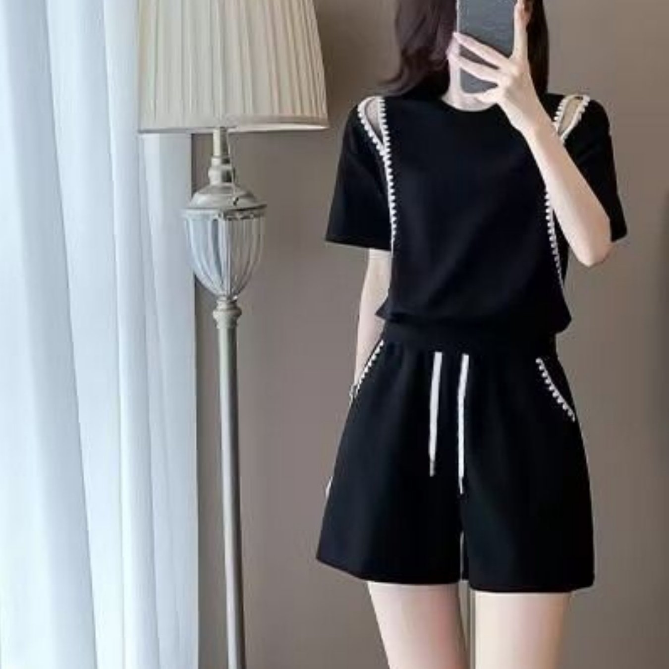 TEMU 여름 신상 캐주얼 감성 스포츠 세트 여성 레이스 칼라 오프숄더 반바지 반팔 투피스 세트