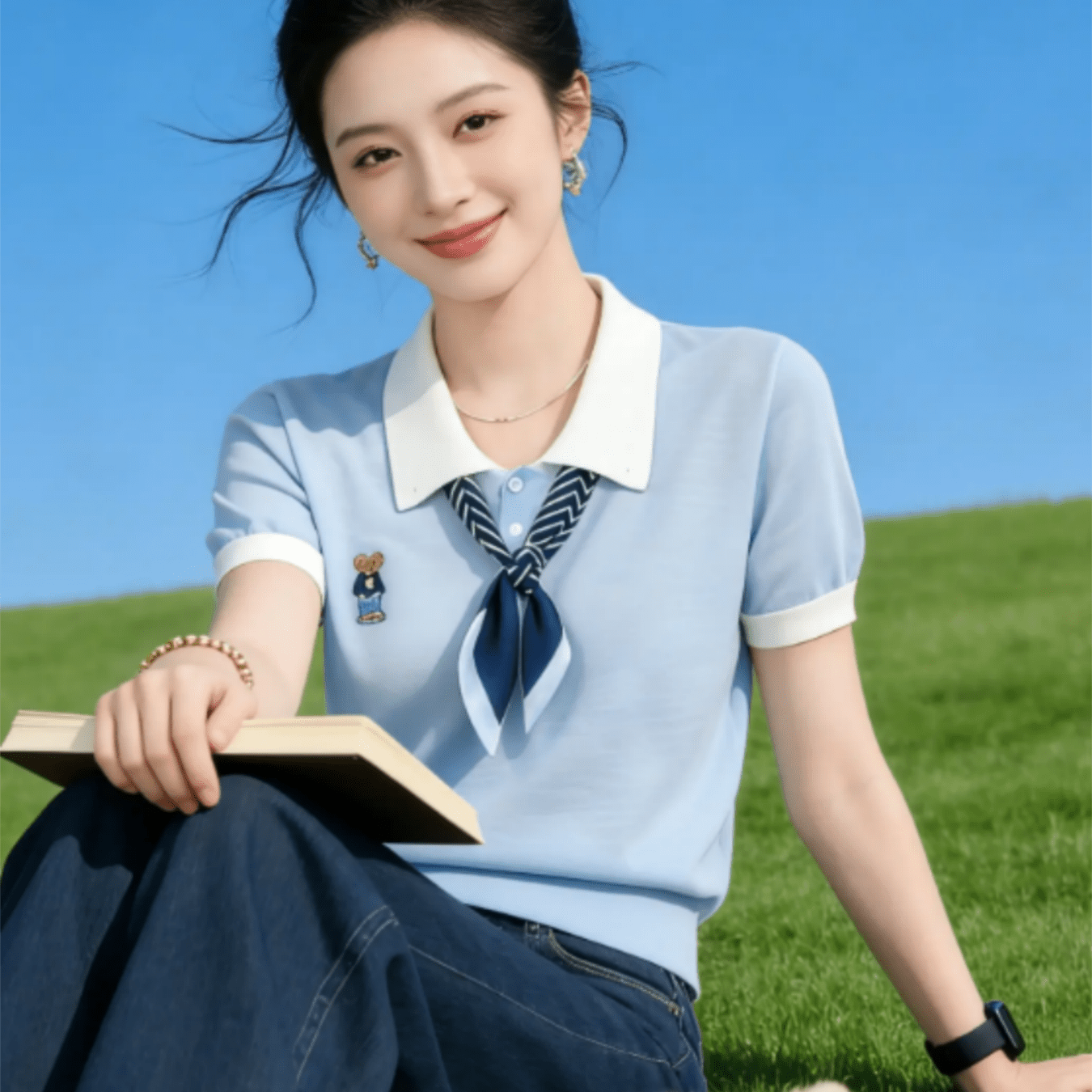 TEMU 봄, 여름, 가을 신상 폴로 칼라 대비되는 반팔 니트 티셔츠 블루 스카프 감성 슬림핏 탑