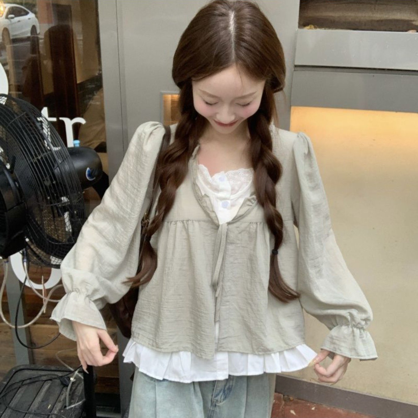 TEMU 여성 페이크 레이어드 셔츠 블라우스 리본 스트링 긴팔 퍼프소매 프릴 루즈핏 체형커버 러블리 데이트룩 꾸안꾸 봄 가을 신상 상의