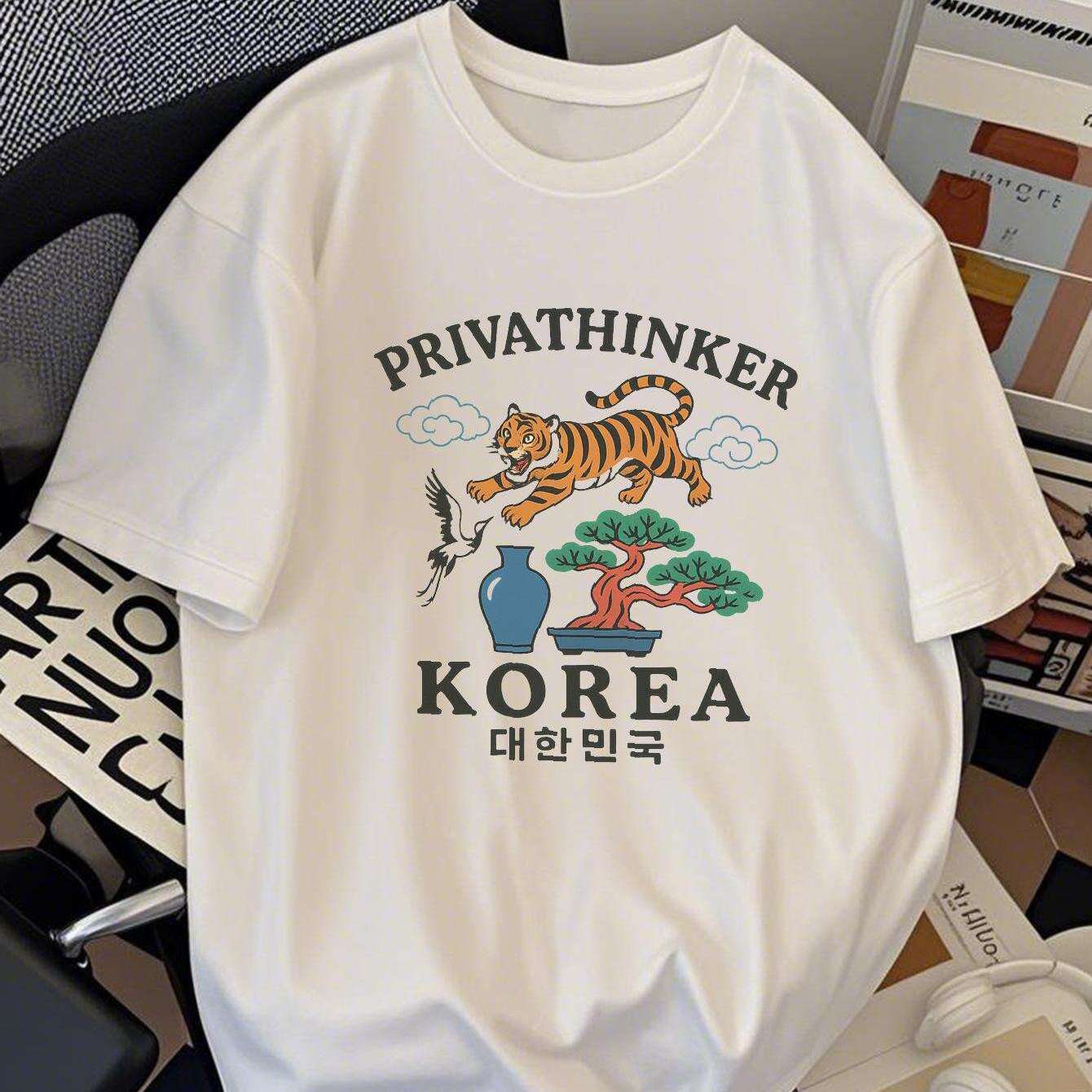 TEMU 프리바씽크 남성용% 코튼 그래픽 프린트 티셔츠 - 여름 통기성 편안핏 티, 한국 호랑이 & 자연 디자인 드롭 숄더 반팔 라운드넥 캐주얼 데일리웨어, 세탁기 사용 가능, 내구성 좋은 소재, 부드러운 원단, 레저 의류