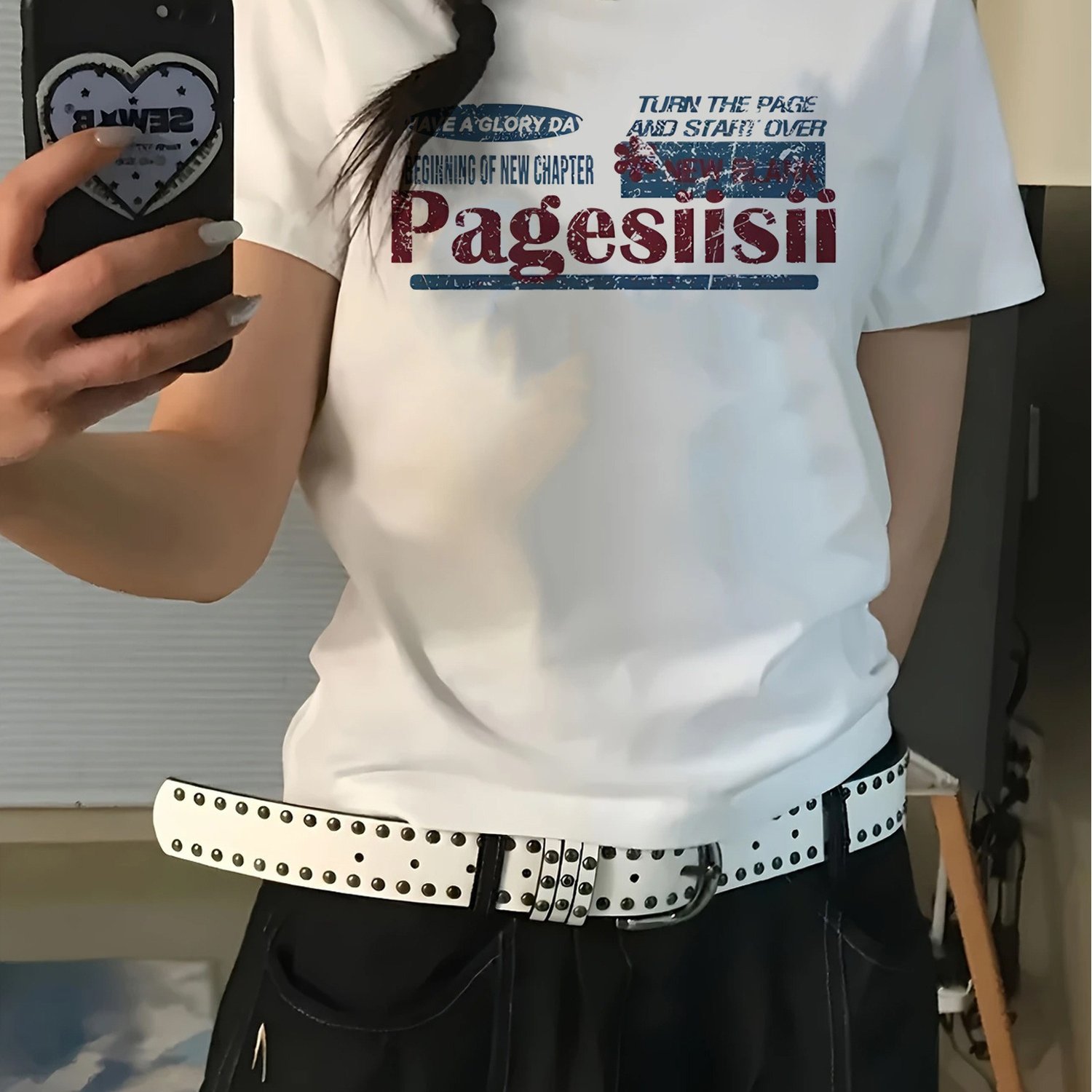 TEMU 캐주얼 레트로 디스트레스드 레터 프린트 화이트 면 반팔 티셔츠
