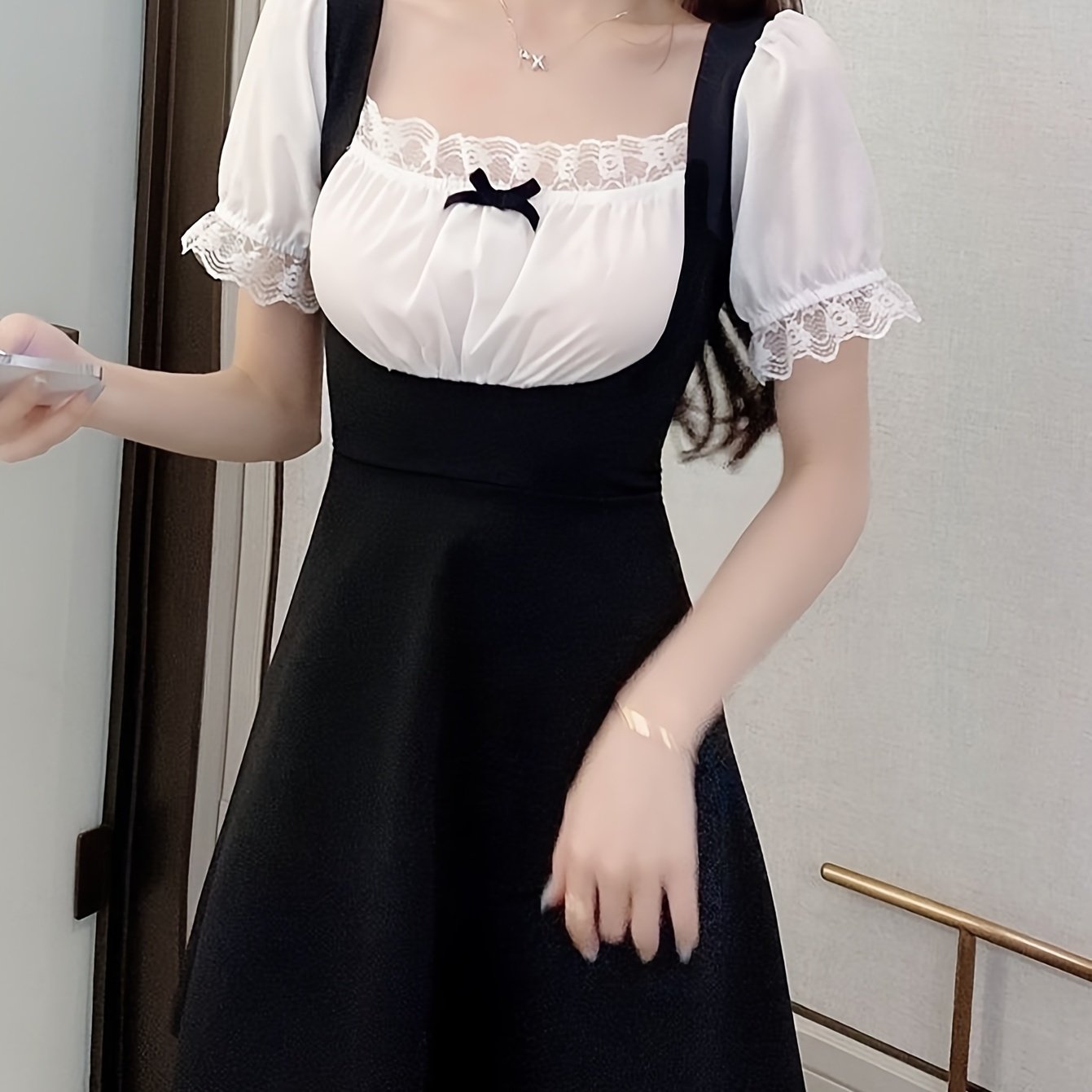 TEMU 여성 레이스 배색 레이어드 원피스 투피스형 슬림핏 에이라인 퍼프소매 리본 포인트 날씬해보이는 체형커버 러블리 데이트룩 하객룩 페미닌 로맨틱룩 블랙