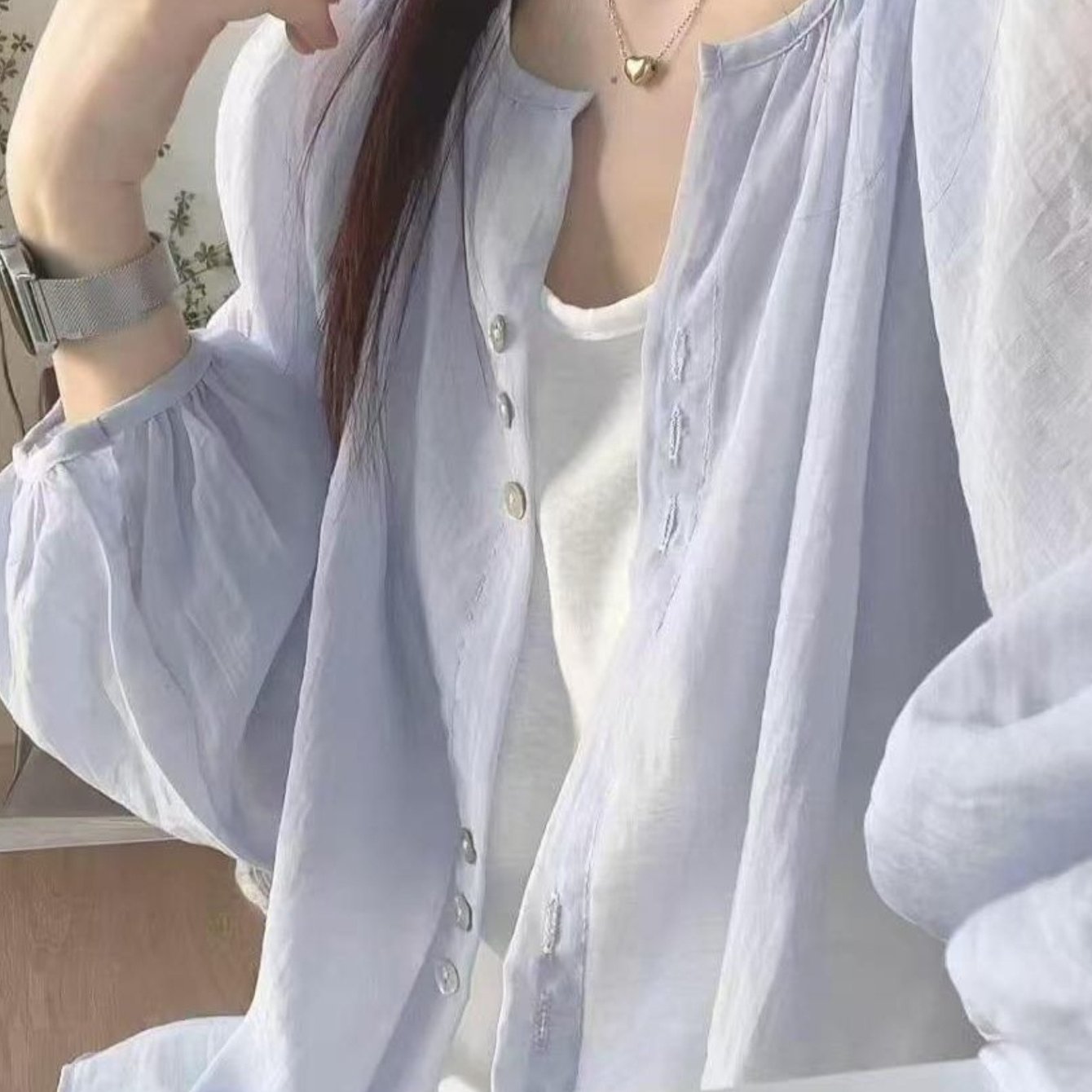 TEMU 인스타 스타일 연한 파란색 슬림 셔츠 여성용, 레이어드 착용 가능 루즈핏 활용도 높은 자외선 차단 셔츠 겉옷 가디건