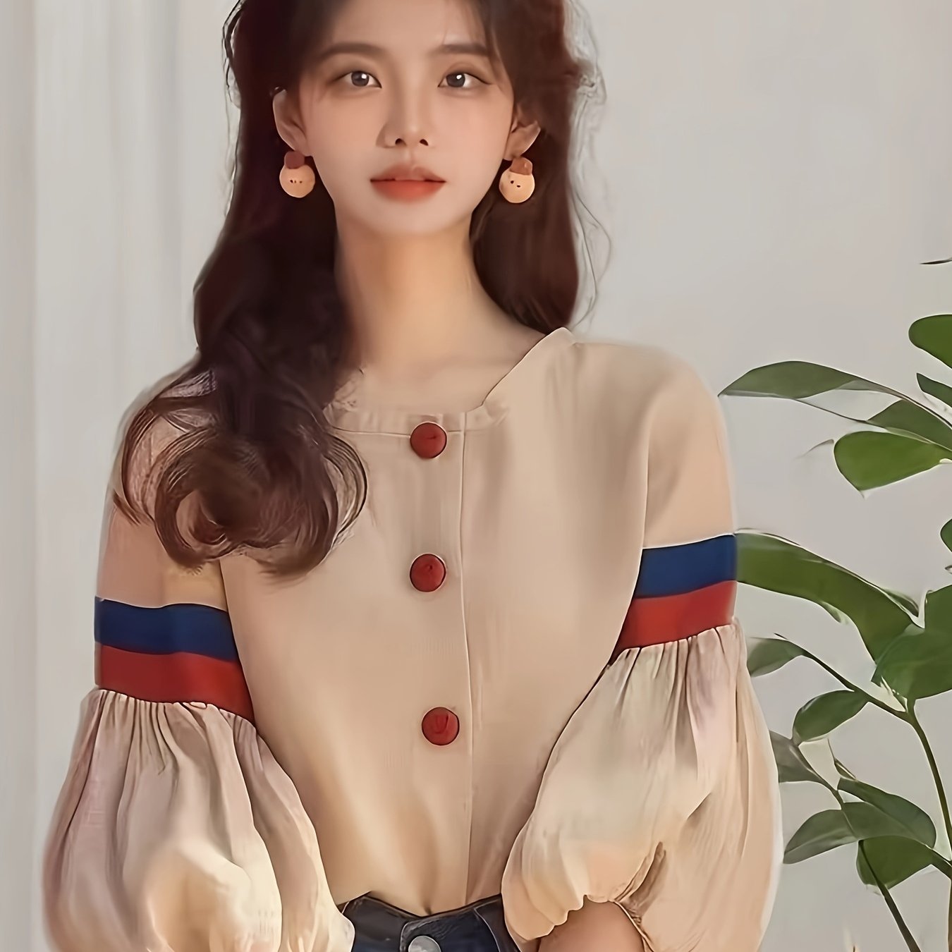 TEMU 여성 벌룬소매 블라우스 퍼프 셔링 배색 셔츠 라운드넥 루즈핏 체형커버 날씬해보이는 러블리 데이트룩 출근룩 하객룩 꾸안꾸 베이지