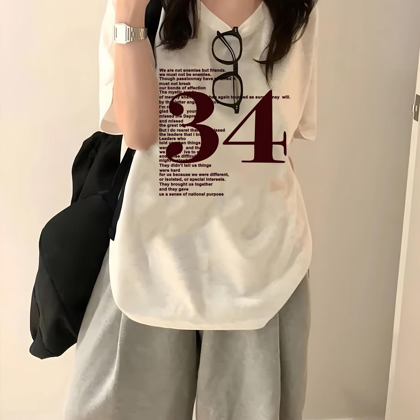 TEMU 남녀공용 여성용 봄 여름 라운드 넥 루즈 캐주얼 다용도 트렌디 양면 문자 프린트 반팔 티셔츠, 패셔너블한 심플 디자인 패턴