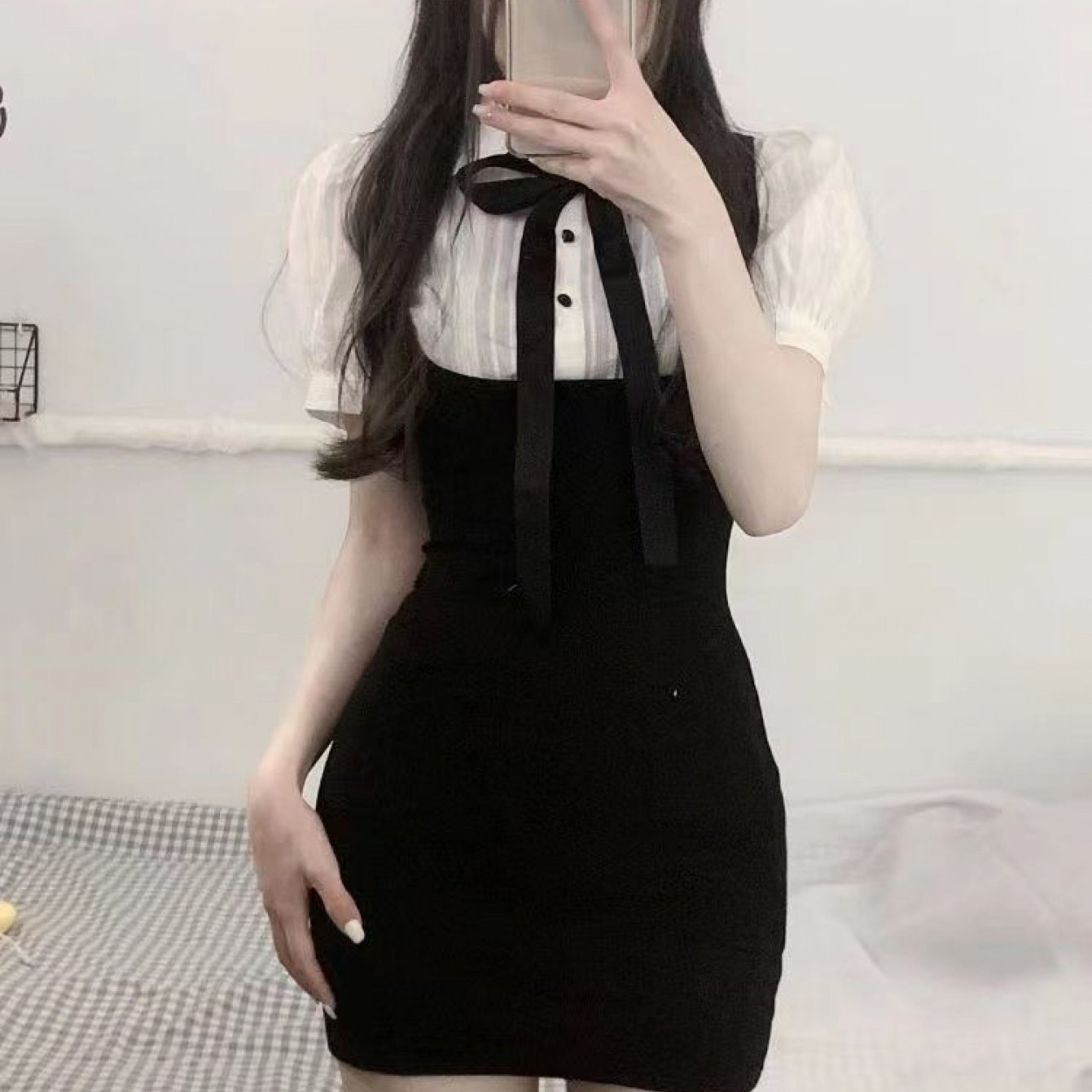 TEMU 여성 배색 레이어드 원피스 퍼프소매 리본 슬림핏 미니원피스 블라우스 셔츠 투피스 세트느낌 허리라인 날씬해보이는 스쿨룩 프레피룩 데이트룩 하객룩 꾸안꾸 페미닌 청순섹시