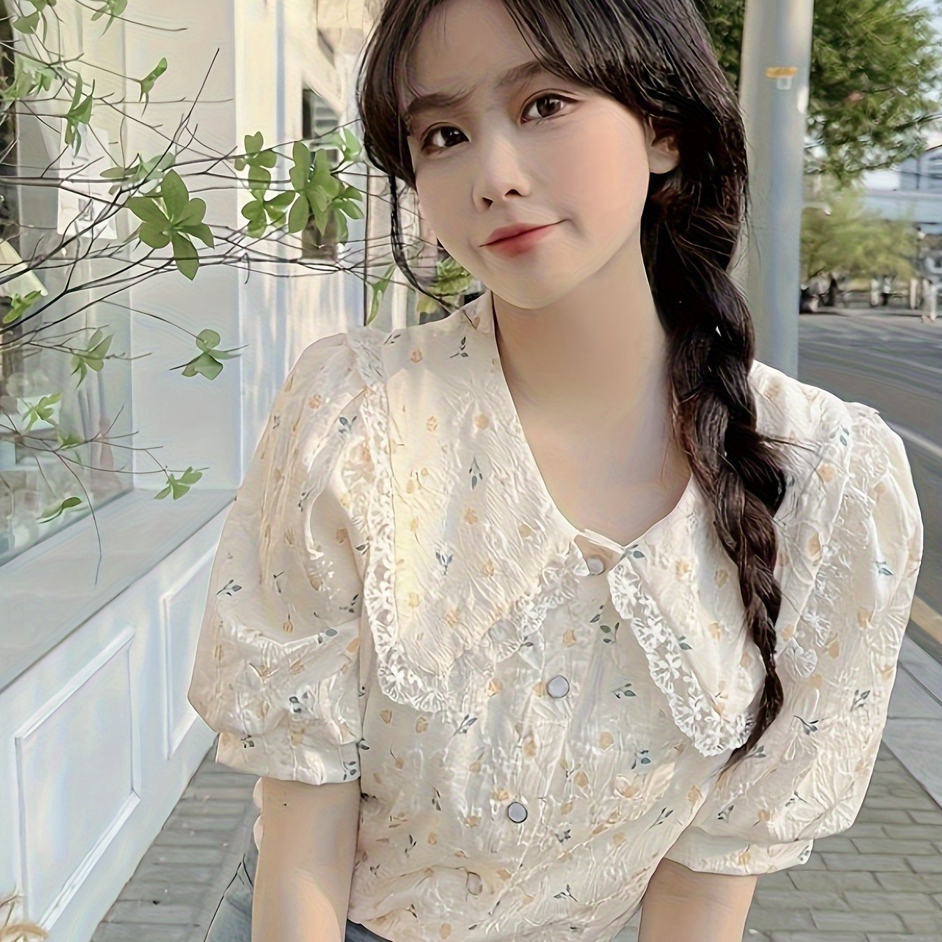 TEMU 여성 레이스 빅카라 플라워 블라우스 반팔 퍼프소매 잔꽃무늬 셔츠 프렌치 페미닌 데이트룩 하객룩 러블리 체형커버 꾸안꾸