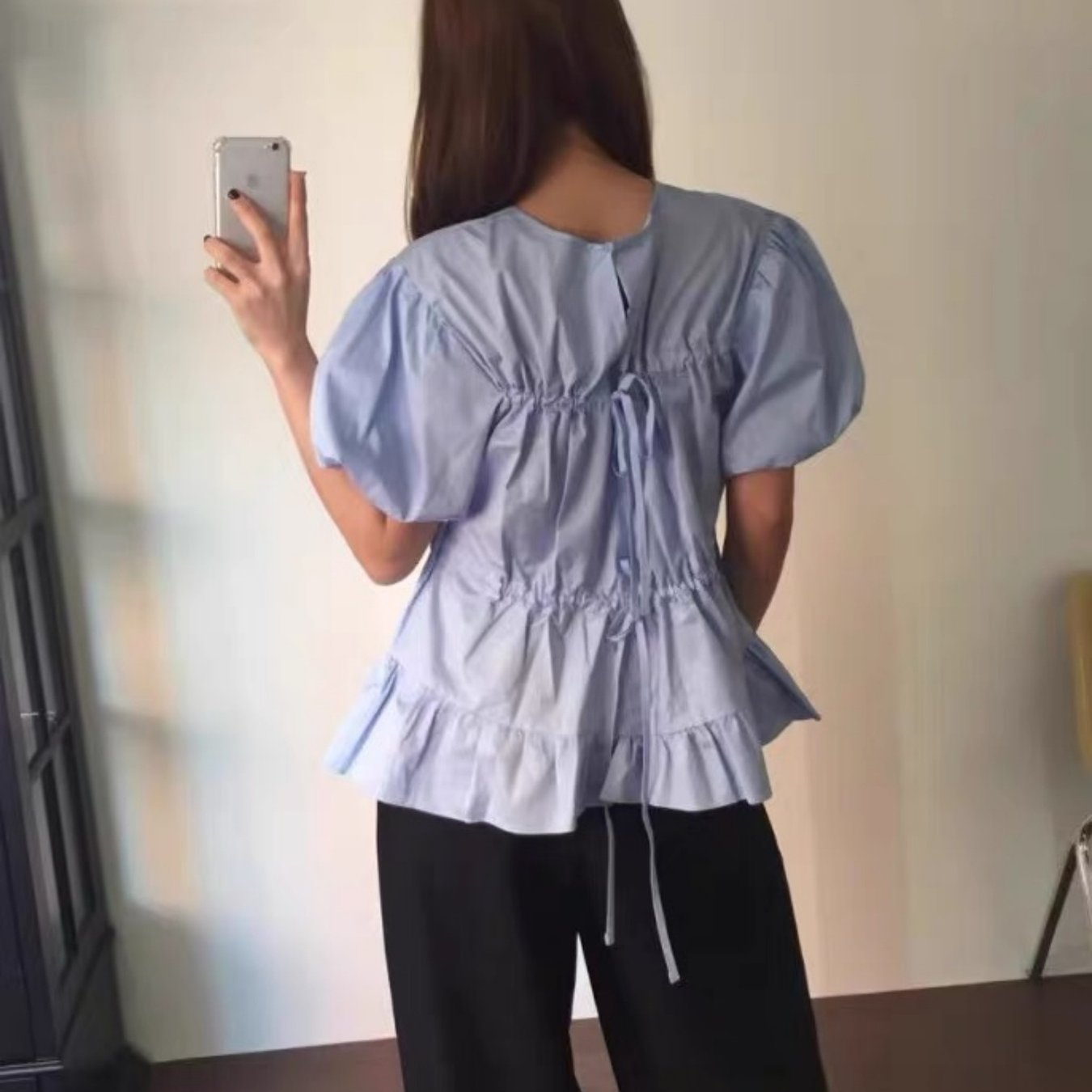 TEMU 한국 스타일 데일리 다용도 여름 신상 퍼프 소매 반팔 셔츠 레이스업 투웨어 러플 셔츠