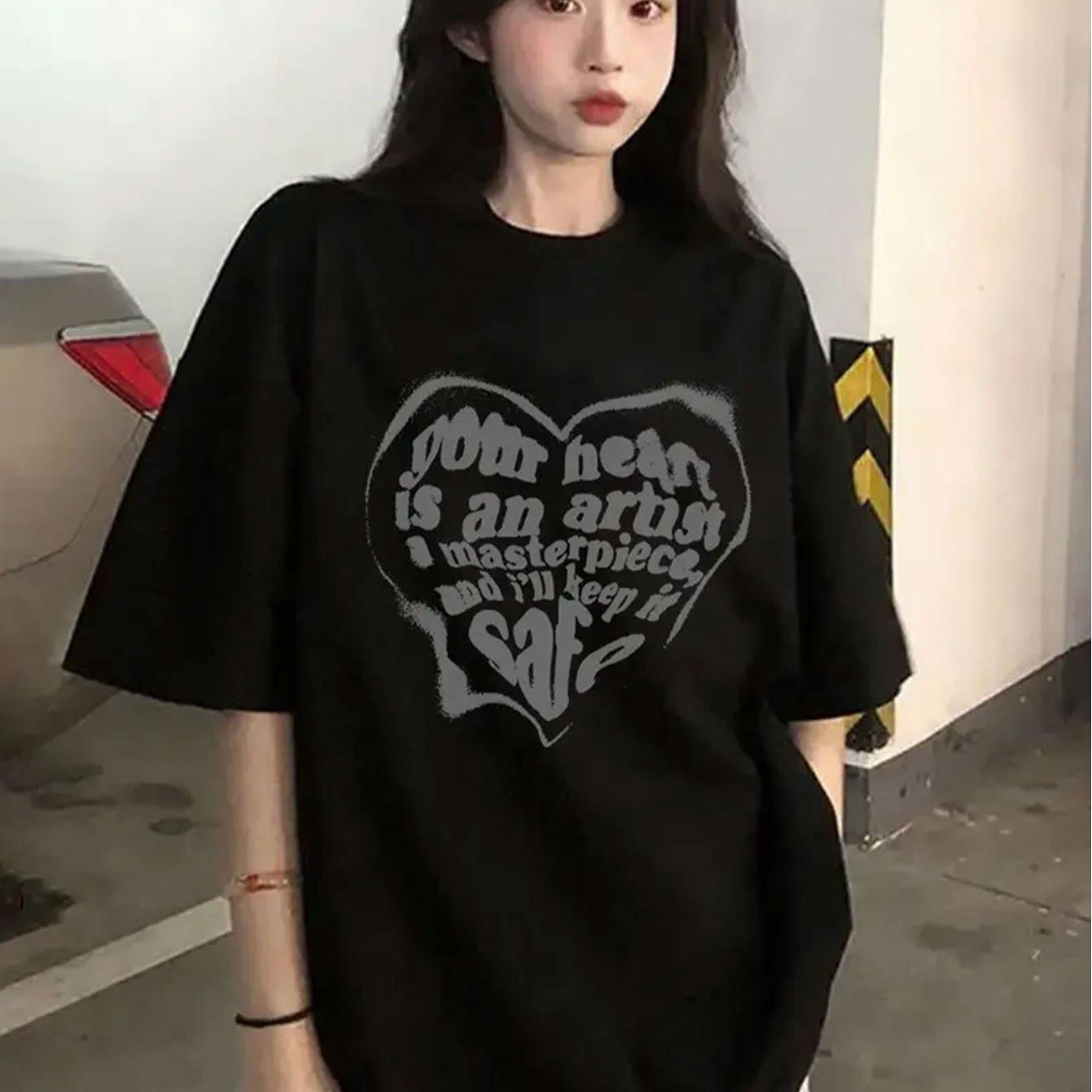 TEMU 여성용 하트 문자 프린트 라운드넥 풀오버 반팔 티셔츠 여름 디자인 감각 패셔너블하고 스타일리시한 루즈핏 슬림핏 상의 유니섹스, 커플 스타일