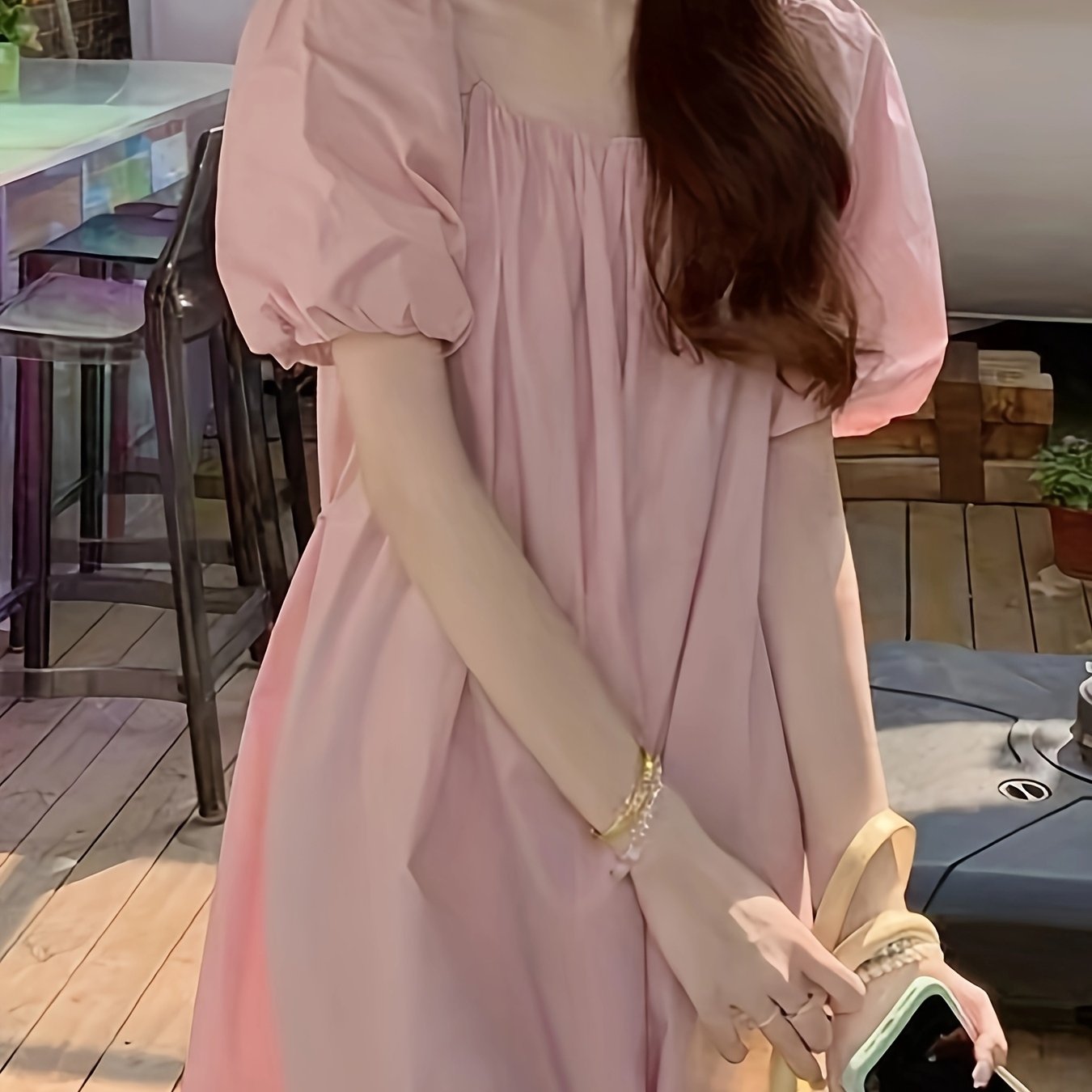 TEMU 여성 스퀘어넥 셔링 원피스 퍼프소매 벌룬 루즈핏 체형커버 프렌치무드 러블리 페미닌 데이트룩 하객룩 바캉스룩 꾸안꾸 나들이룩 핑크
