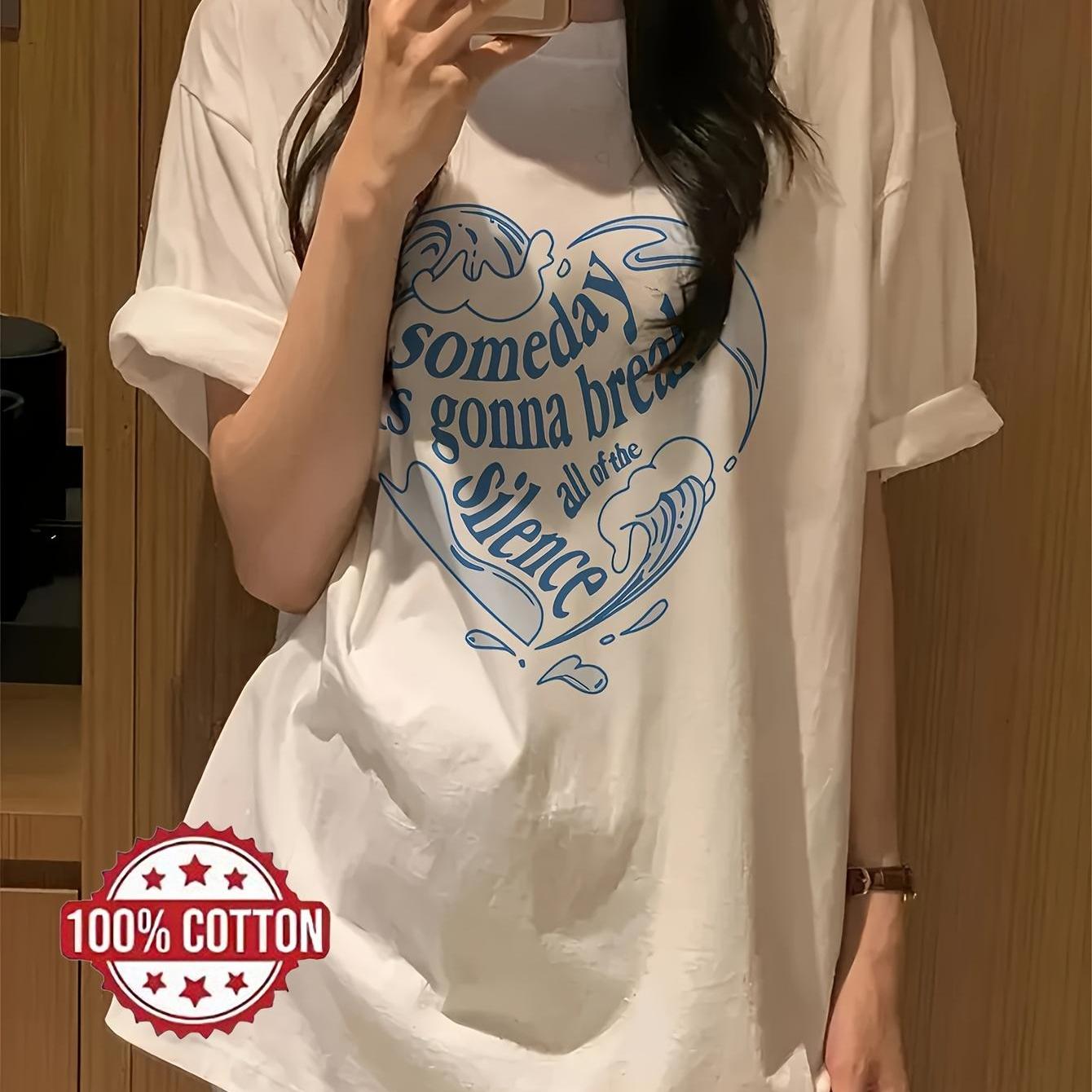 TEMU 여성용 루즈핏 반소매 티셔츠 - 하트 웨이브 패턴, 통기성 좋은 스트레치 원단, 라운드넥 캐주얼 상의, 봄, 여름, 가을에 적합, 편안한 데일리 웨어, 간절기 의류, 모던한 도시 스타일, 비투명 소재, 슬림한 여성 의류, 유니섹스, 커플 스타일