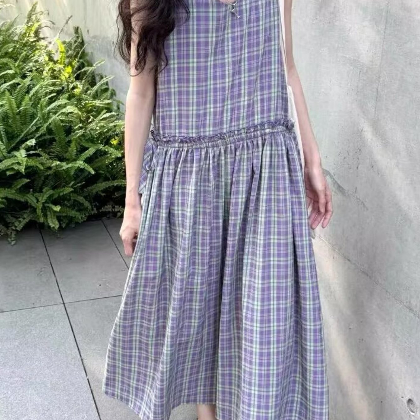 TEMU 여성용 여름 위스티리아 퍼플 격자무늬 조끼 원피스 민소매 레이지 미디 스커트