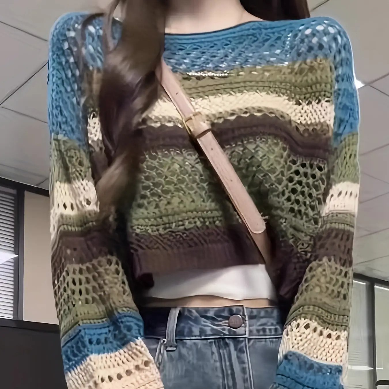 TEMU 여성 배색 그물 니트 크롭 스웨터 단가라 시스루 펀칭 루즈핏 가벼운 여름 체형커버 바캉스룩 꾸안꾸 빈티지 데일리 긴팔 상의