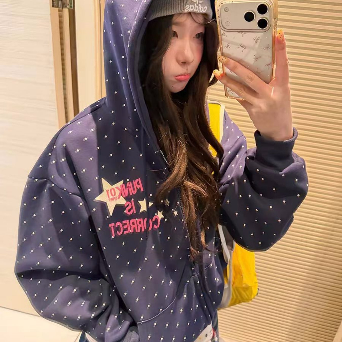TEMU 폴카 도트 프린트 등받이 복합 지퍼 재킷