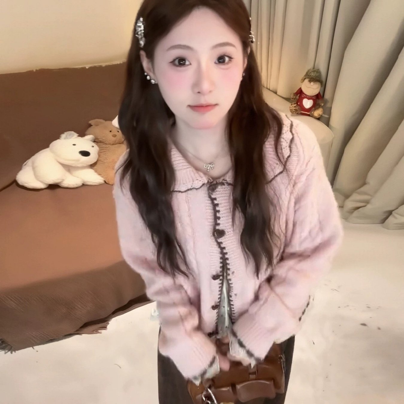 TEMU 한국식 대학생 스타일 여성 카디건 인형 칼라 스웨터 자켓 루즈핏 달콤한 핑크 탑