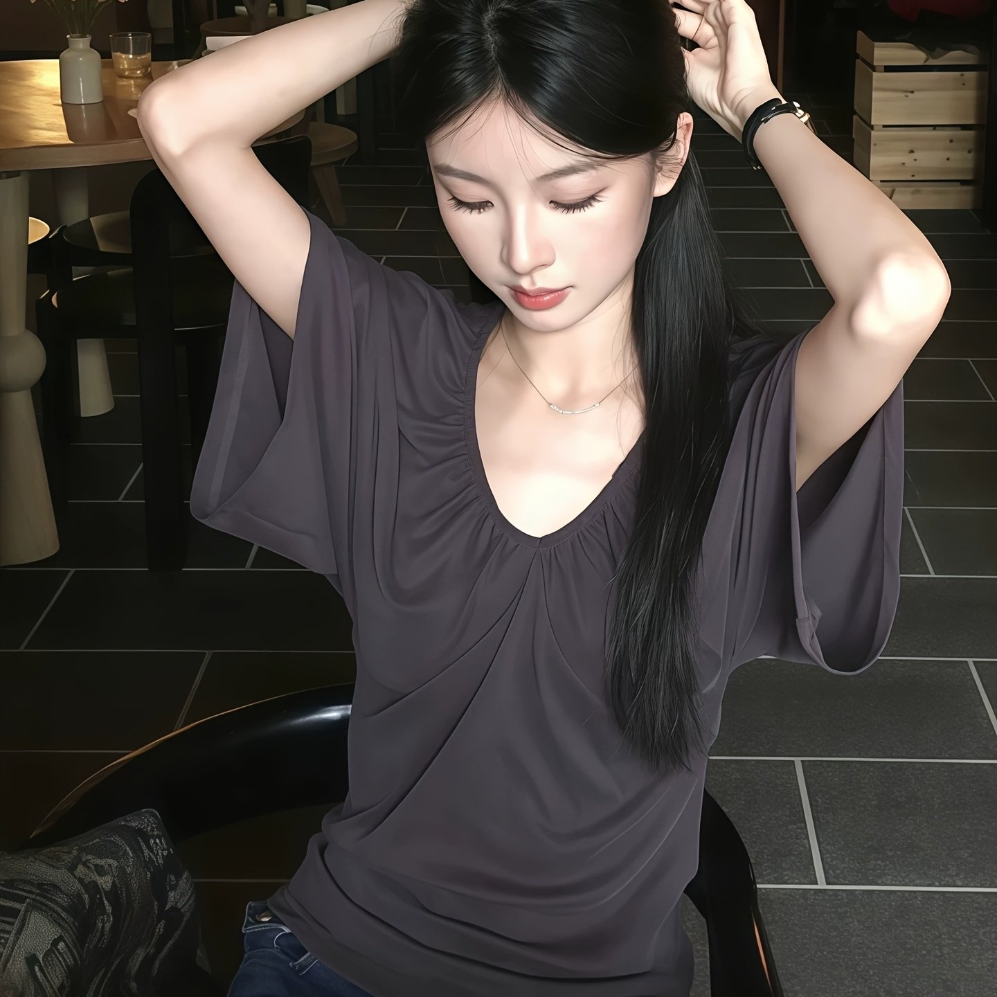 TEMU 여성 브이넥 셔링 반팔티셔츠 드레이프 루즈핏 체형커버 아쿠비룩 꾸안꾸 데이트룩 데일리 반팔티 차콜