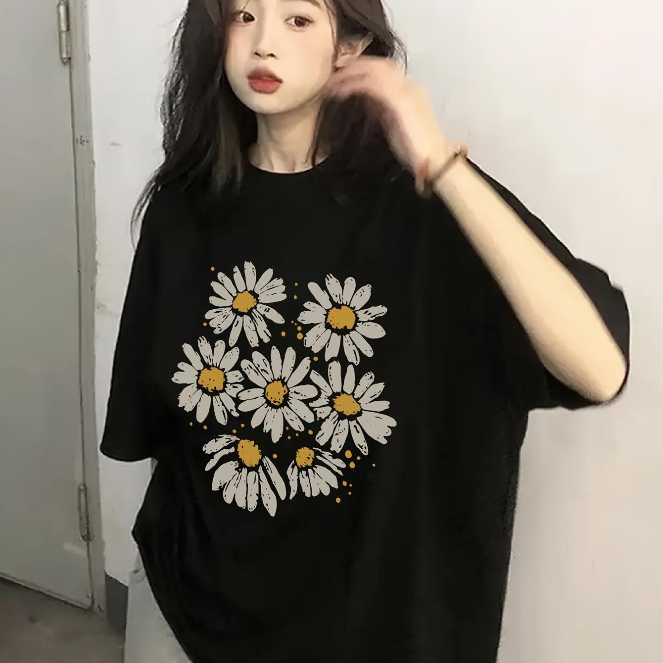 TEMU 여성용 블랙 캐주얼 루즈핏 라운드넥 반팔 티셔츠, 화이트 데이지 꽃무늬 프린트 - 봄/여름 통기성 중간 길이 탑, 다용도 캐주얼 의상, 편안한 풀오버