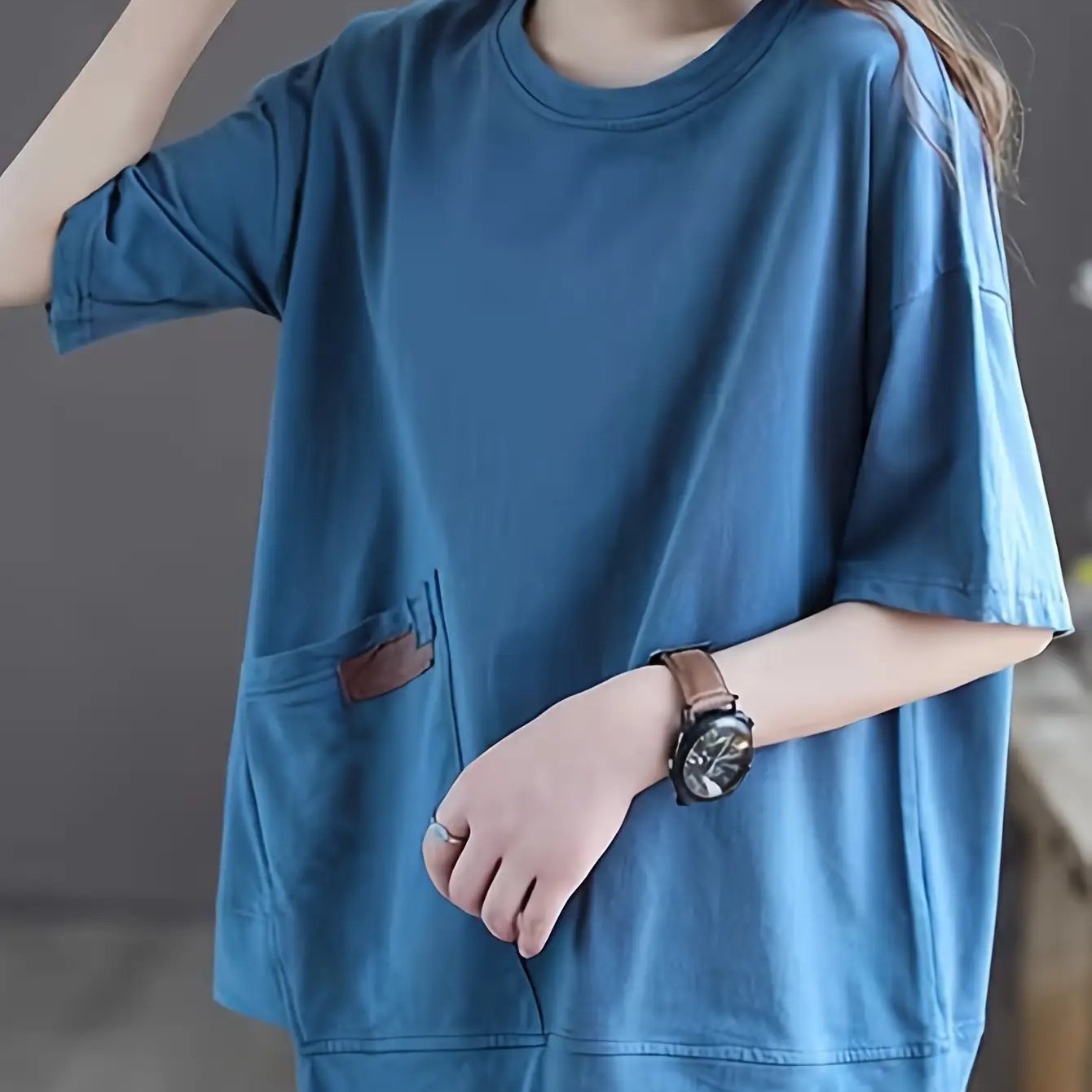 TEMU 여성 포켓 반팔 티셔츠 루즈핏 박시한 체형커버 반팔티 라운드넥 마실룩 꾸안꾸 여름 상의 힙덮는 편안한 빅사이즈 블루