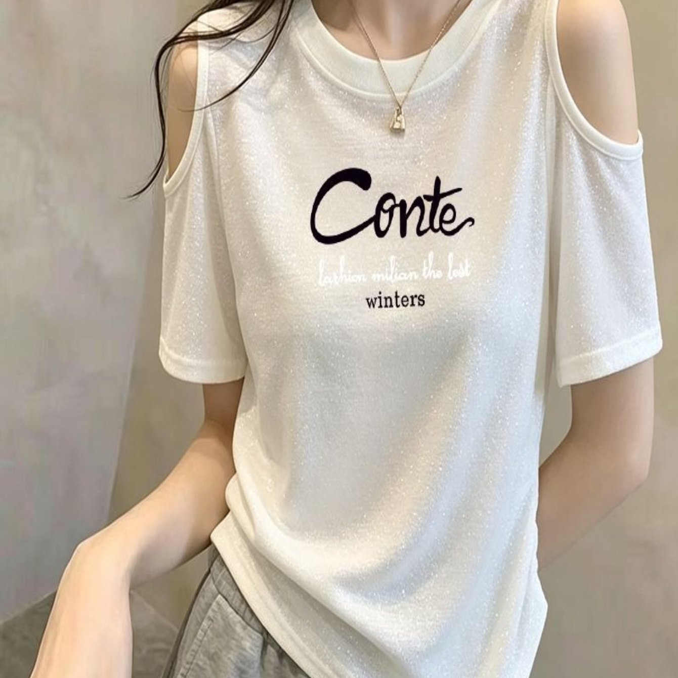 TEMU 여름 신상 눈송이 면 루즈핏 티셔츠 화이트 어깨 노출 디자인 여름 통기성 좋고 활용도 높은 반팔 상의