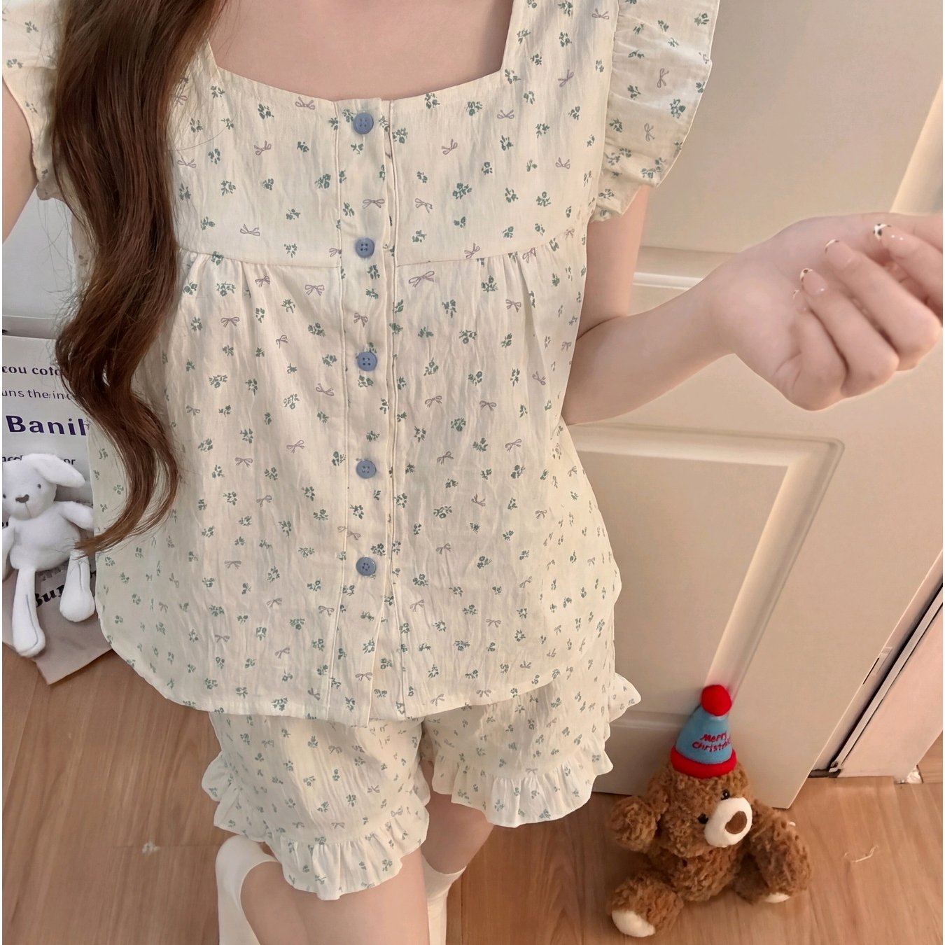 TEMU 여성용 달콤한 러플 작은 꽃무늬 잠옷 여름용 작은 플라이잉 슬리브 조끼 반팔 홈웨어