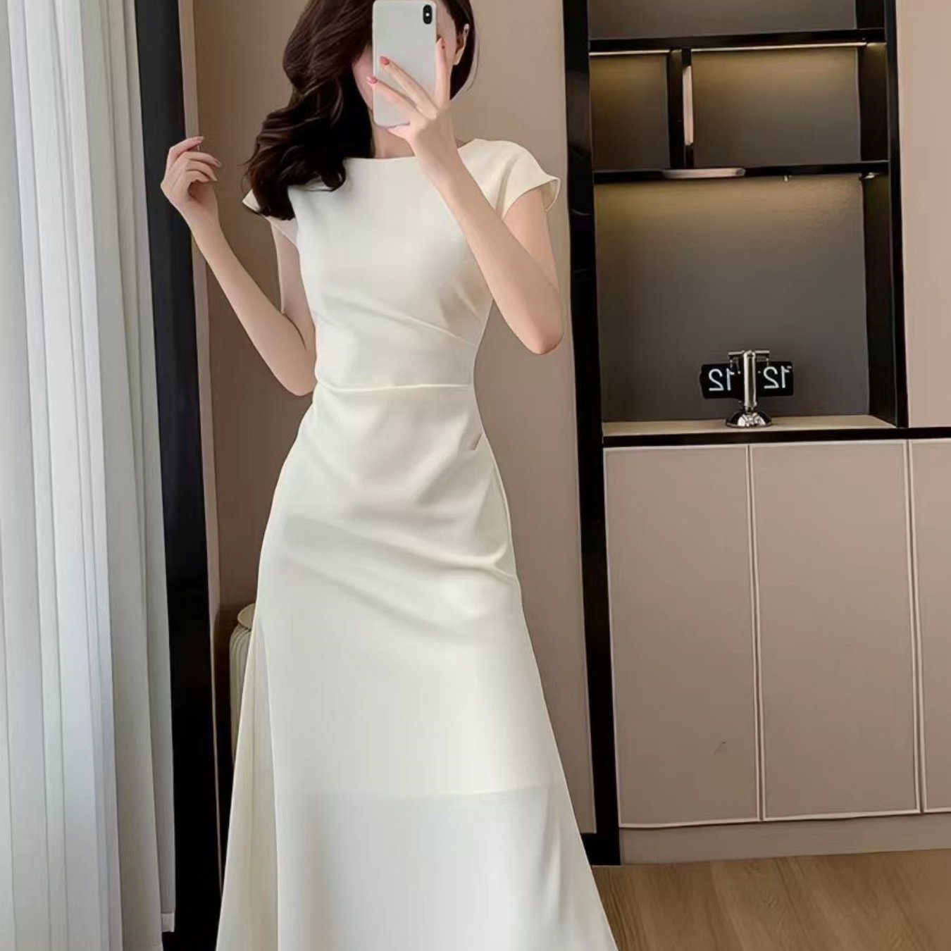 TEMU 봄 여름 가을 신상 여성용 화이트 원피스, 슬림핏, 날씬한 기품, 하이엔드 허리라인, 피쉬테일 스커트, 롱스커트