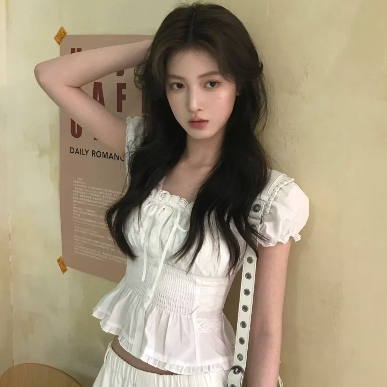 TEMU 봄, 여름, 가을 신상 백 드로스트링 스트랩 화이트 퍼프 슬리브 셔츠 여성용 탑 슬림 반팔 셔츠