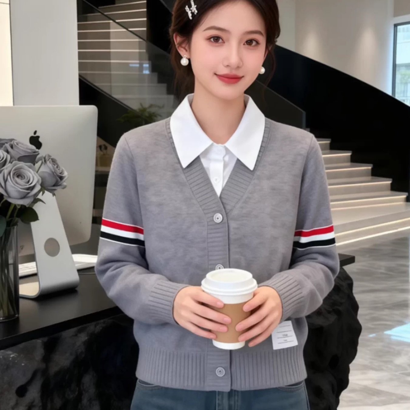 TEMU 여성용 페이크 투피스 가을 봄 그레이 라펠 카디건 재킷 활용도 높은 상의