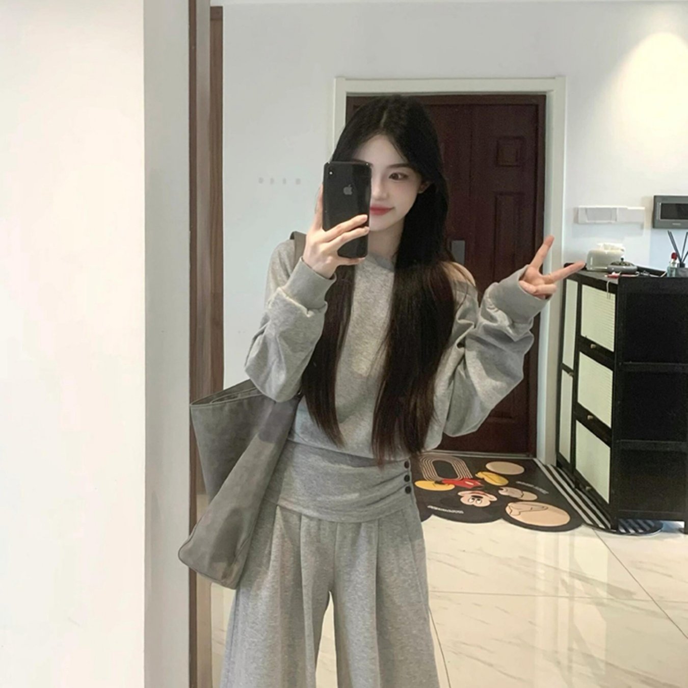 TEMU 봄/가을 웨어 패셔너블 스타일 하이엔드 슬란트 숄더 스웨트셔츠 와이드 레그 팬츠 캐주얼 투피스 세트