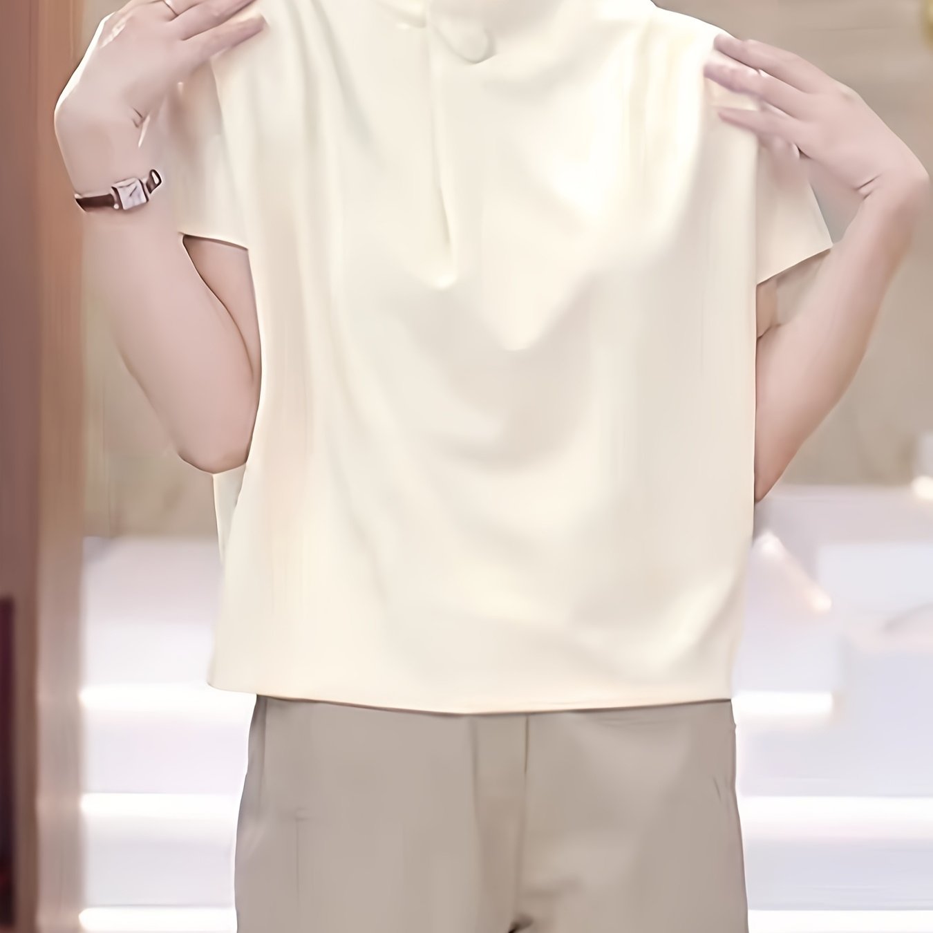 TEMU 여성 보트넥 셔링 블라우스 반팔 티셔츠 언밸런스 루즈핏 체형커버 오피스룩 출근룩 하객룩 격식있는 실크라이크 찰랑거리는 여름 상의 꾸안꾸 데일리 모던