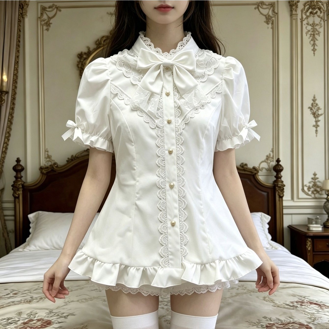 TEMU 여성 로리타 레이스 반팔 블라우스 리본 프릴 셔츠 원피스 이너 퍼프소매 슬림핏 팔뚝커버 러블리 공주풍 코스프레 촬영룩 키치 화이트