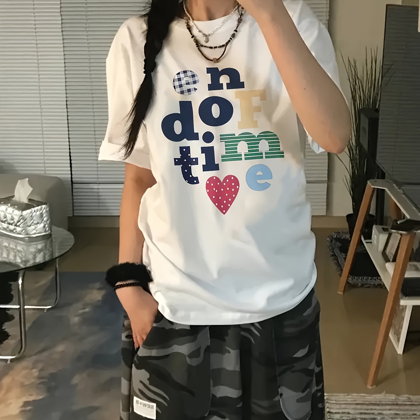 TEMU 여성용 캐주얼 반팔 티셔츠 - 컬러풀 프루트 레터링 프린트, 라운드넥 폴리에스터 소재, 가볍고 편안한 여름/봄용 라운드넥 티셔츠, 유쾌한 그래픽 셔츠, 부드러운 질감