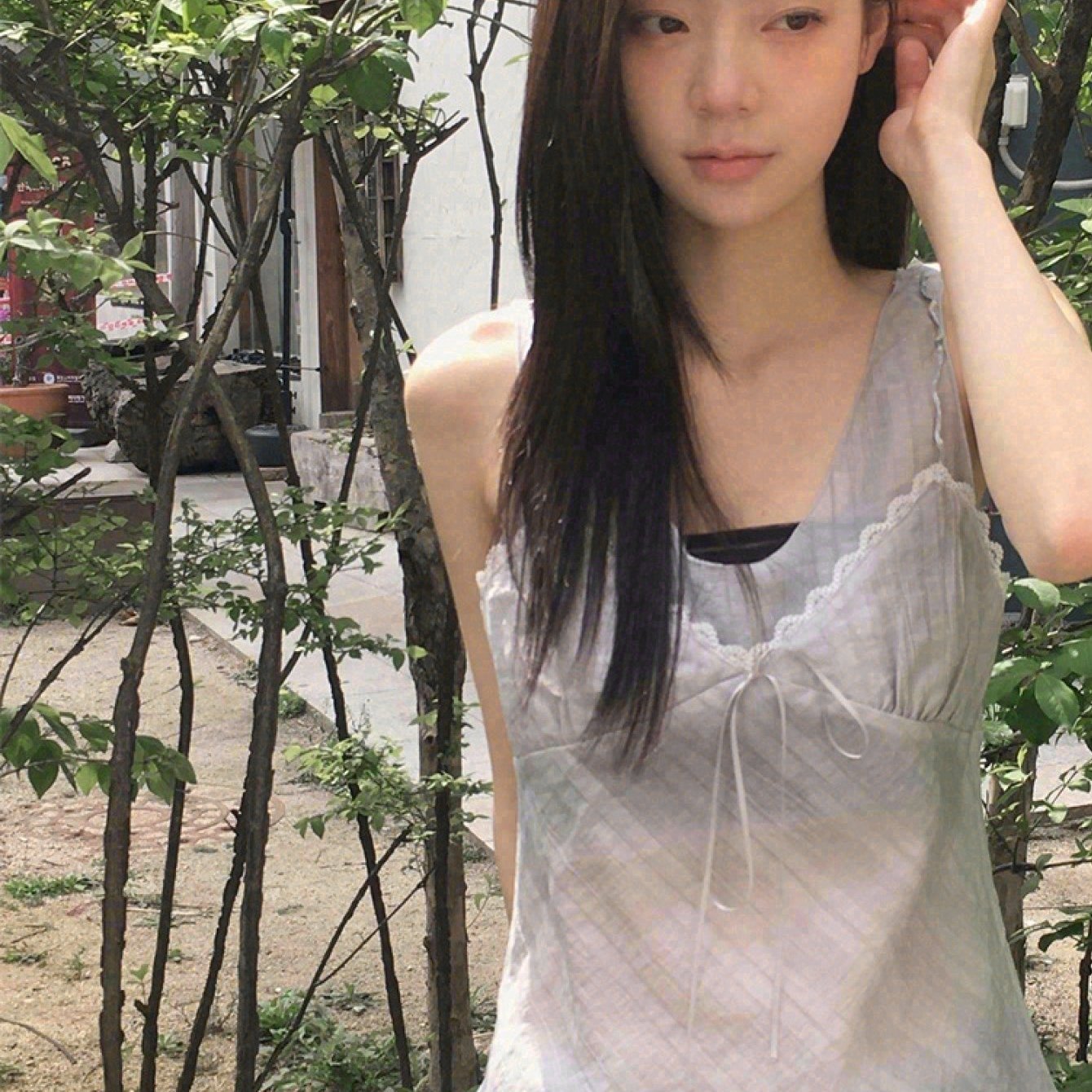 TEMU 여성용 한국식 레이스 캐미솔 프렌치 기질 니치 라이트 투명 레이스업 탑