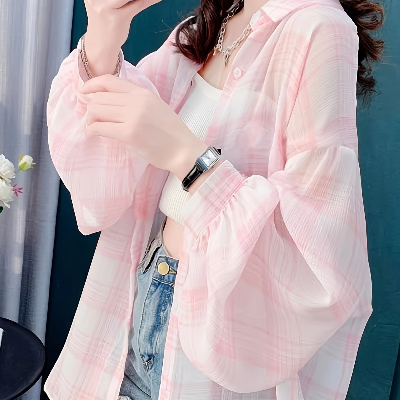TEMU 여성 여름 체크 셔츠 남방 자외선차단 긴팔 가디건 루즈핏 박시핏 얇은 시스루 냉감 비치웨어 커버업 바캉스룩 꾸안꾸 핑크