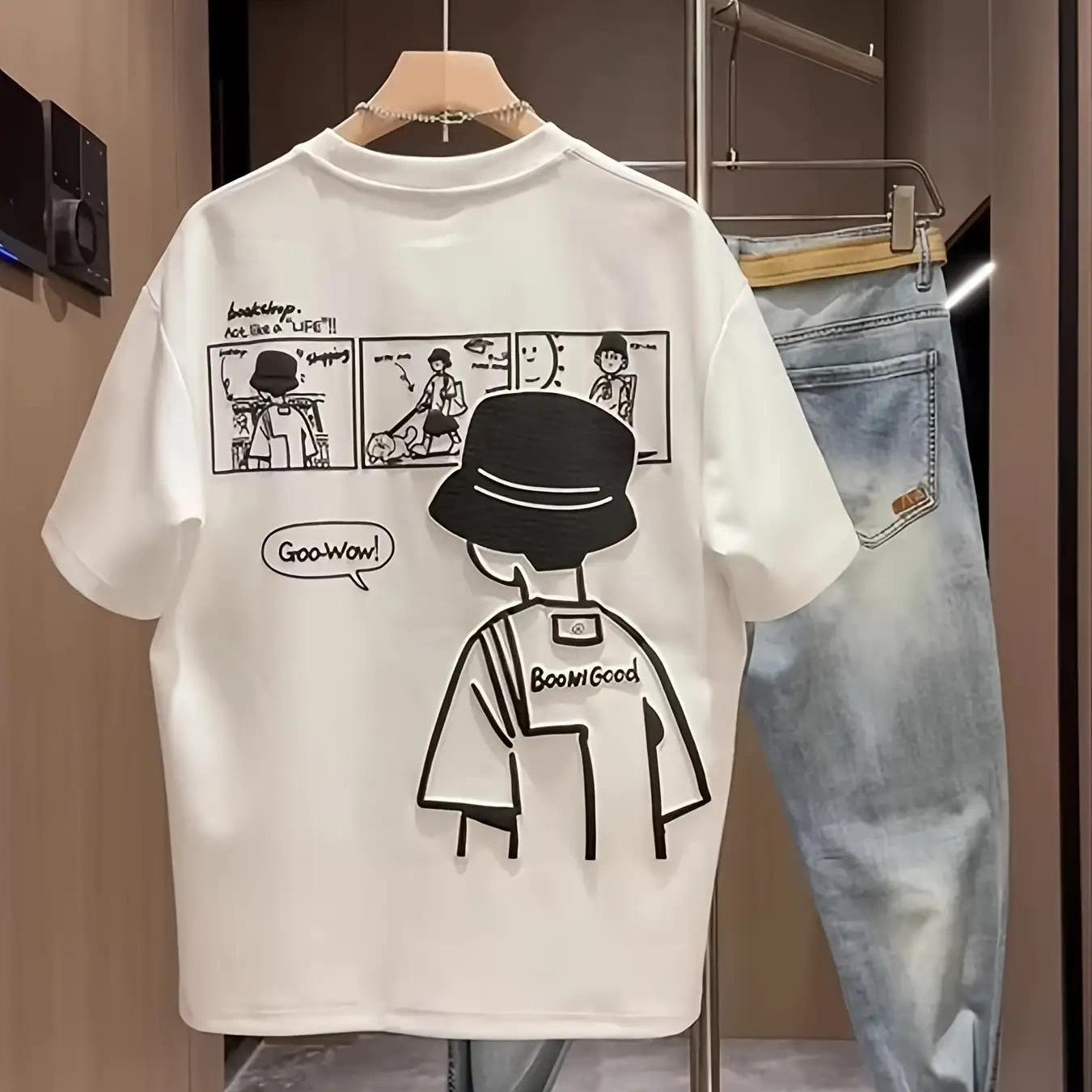 TEMU 남성용 재미있는 직장 그래픽 티셔츠 - 네이비 블루 - 통기성 여름 티셔츠 사무실 및 캐주얼 의상용 - 관리가 쉬운 일상 필수품, 편안한 스타일, 만화 일러스트레이션, 편안한 소재, 반팔 상의, 성인 남성 유니섹스, 커플 스타일