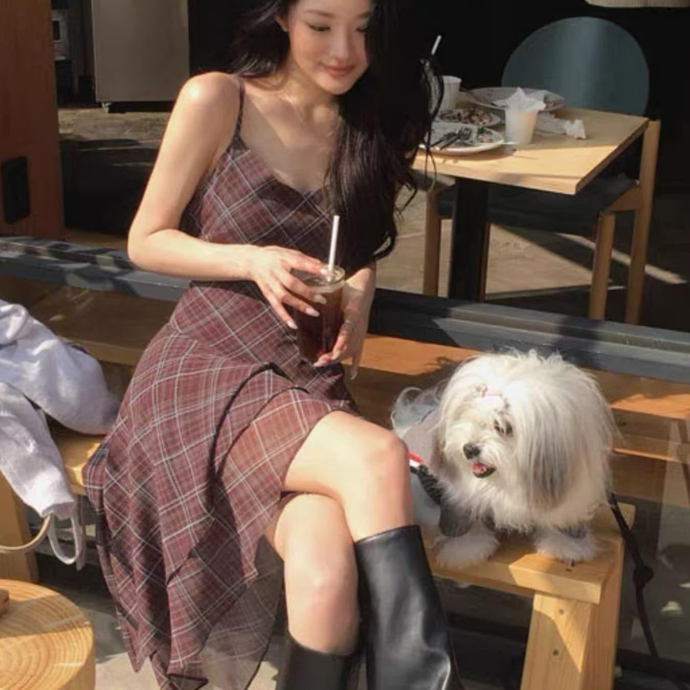 TEMU 여성용 여름 비정형 스커트 허리 롱 스커트 레트로 스타일 대비 체크무늬 서스펜더 드레스