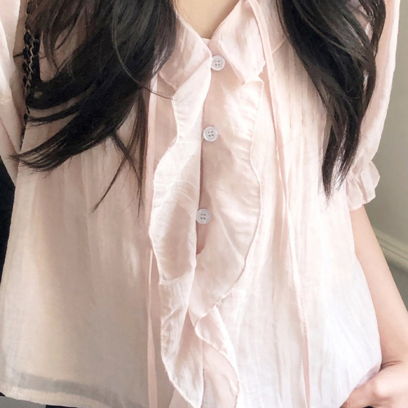 TEMU 한국 신상 달콤하고 로맨틱한 나이 감소 효과 주름 장식 물결 칼라 플리츠 레이스업 약간 비침 있는 이중 레이어 여성용 반팔 셔츠