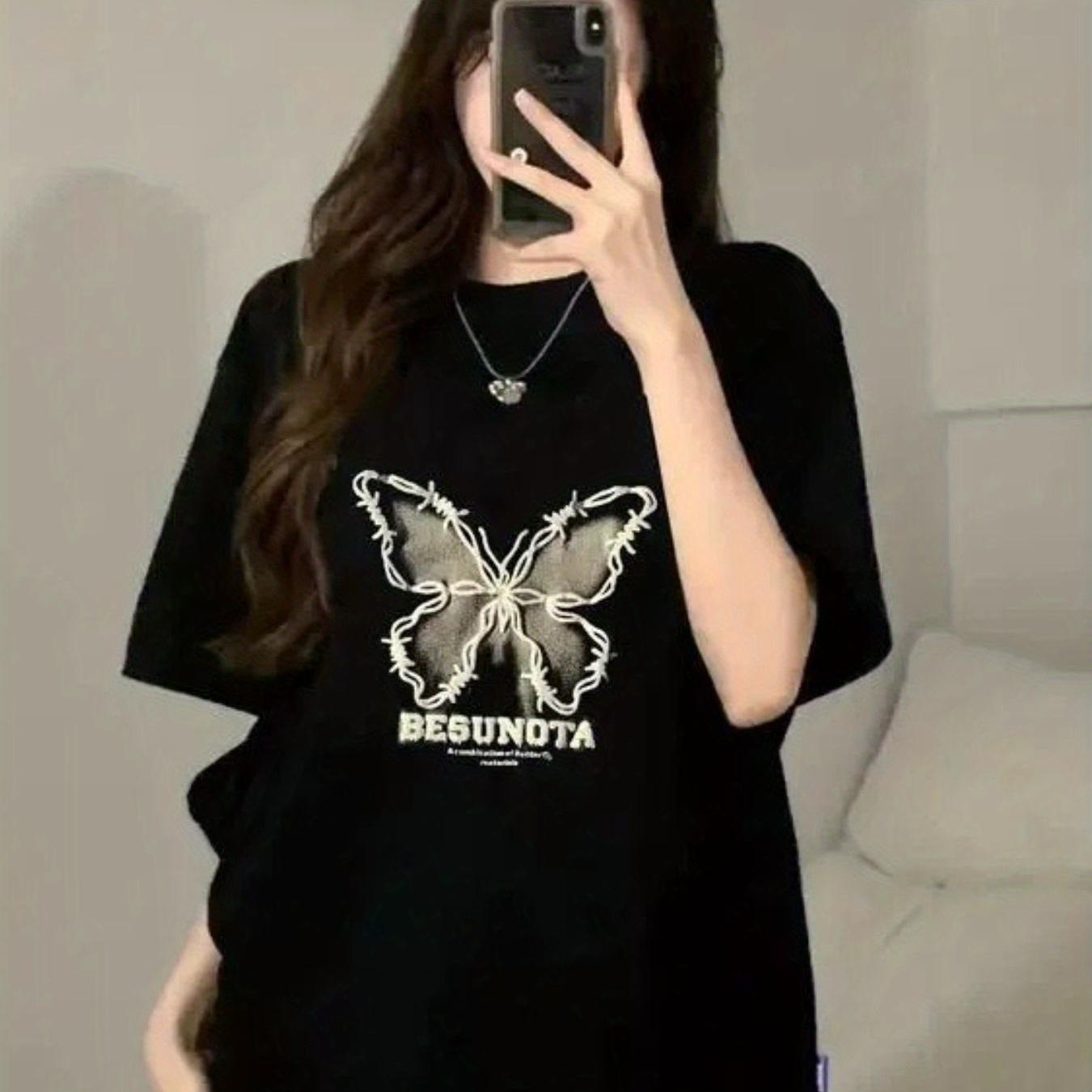 TEMU 새로운 여성 패션 캐주얼 탑 나비 글자 패턴 프린트 티셔츠, 라운드 넥, 반팔, 야외 일상복, 유니섹스 탑, 커플 스타일