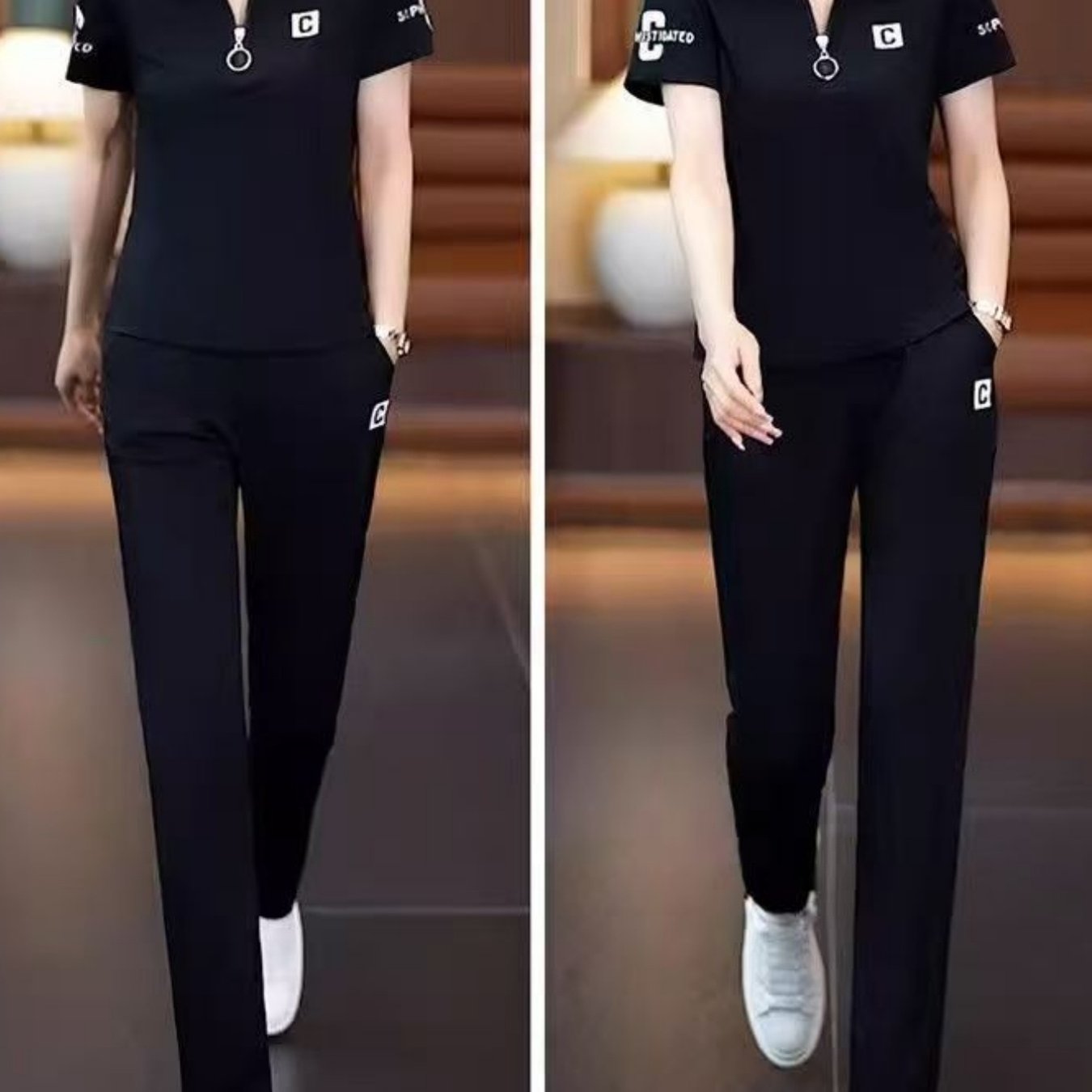 TEMU 여름 스타일 연령 감소 신상 캐주얼 패션 여성용 슬림 라펠 반팔 스포츠웨어 투피스 트렌디