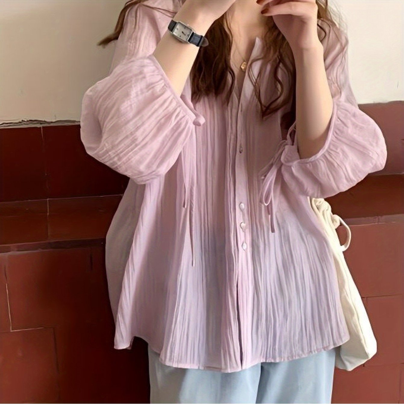 TEMU 여성 시스루 셔츠 블라우스 주름 남방 루즈핏 체형커버 얇은 긴팔 여름 자외선차단 에어컨 가디건 퍼프소매 벌룬 찰랑거리는 꾸안꾸 오피스룩 바캉스룩