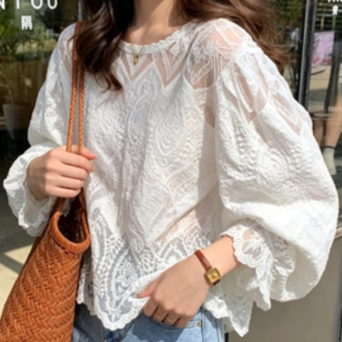 TEMU 여성 펀칭 레이스 셔츠 여름 일자 넥 오프숄더 퍼프소매 수술 얇은 상의