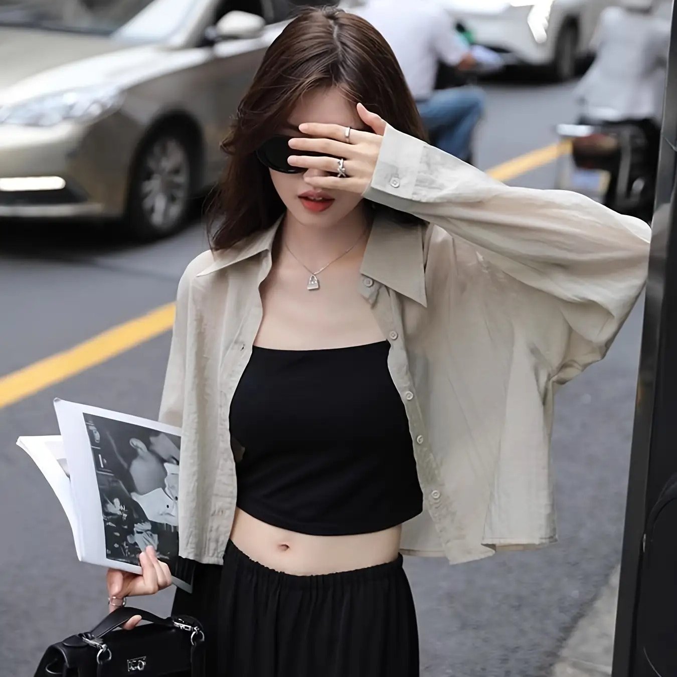 TEMU 여성 시스루 셔츠 긴팔 블라우스 루즈핏 오버핏 체형커버 카라 남방 얇은 여름 바캉스룩 레이어드 꾸안꾸 데일리 출근룩 베이지