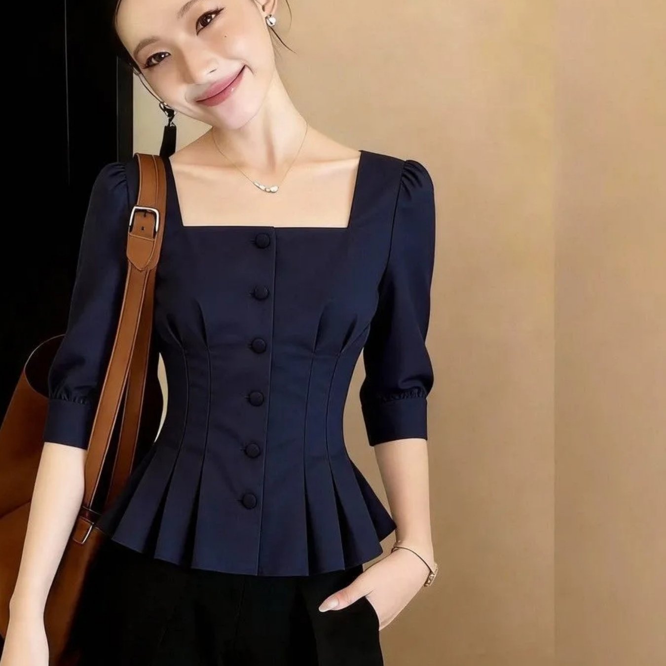 TEMU 스퀘어넥 퍼프 슬리브 웨이스트 셔츠