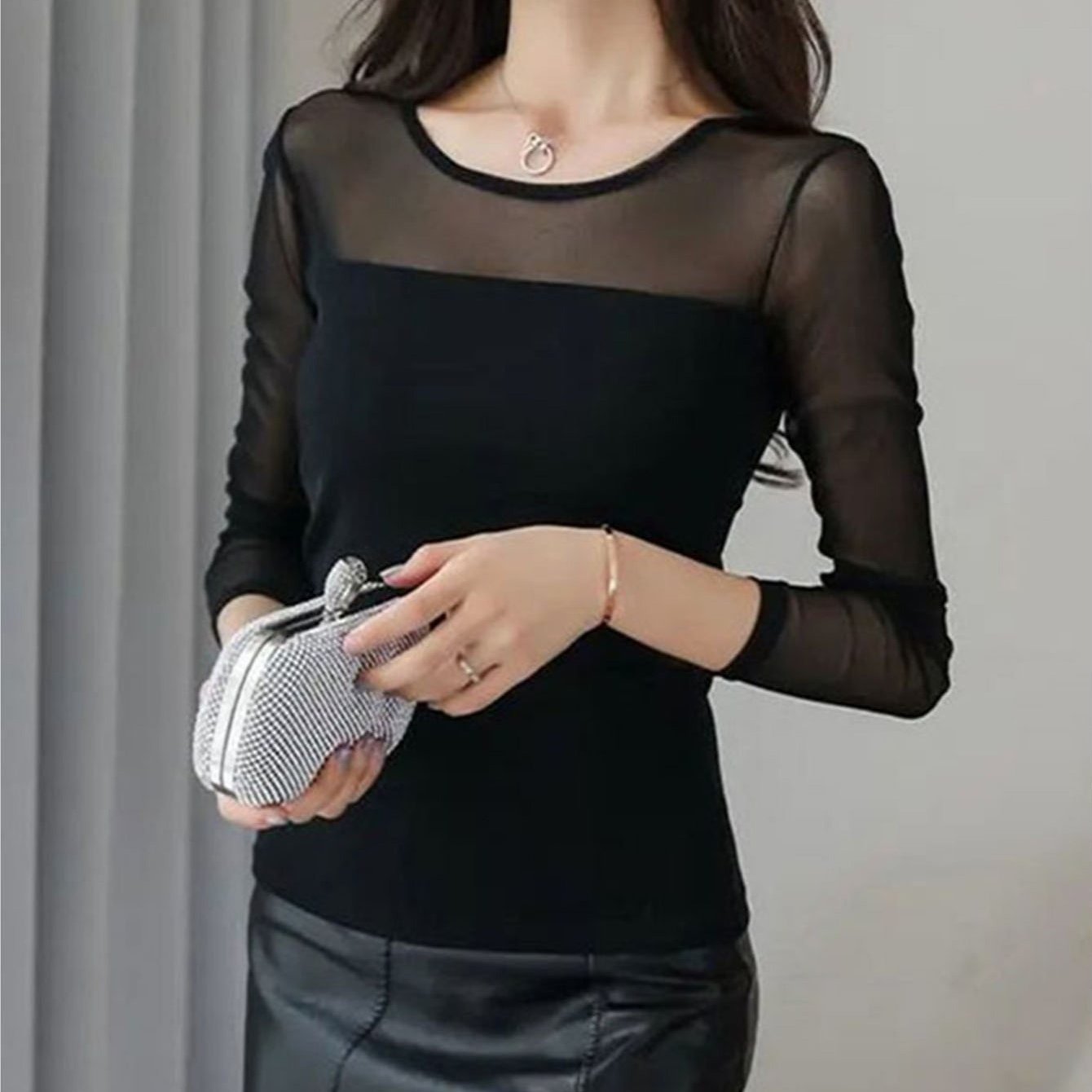 TEMU 여성 봄 라운드 망사 시스루 슬림핏 긴팔 티셔츠 댄스복 여성 데일리 캐주얼 편안한 패션 상의 이너티셔츠 라틴댄스